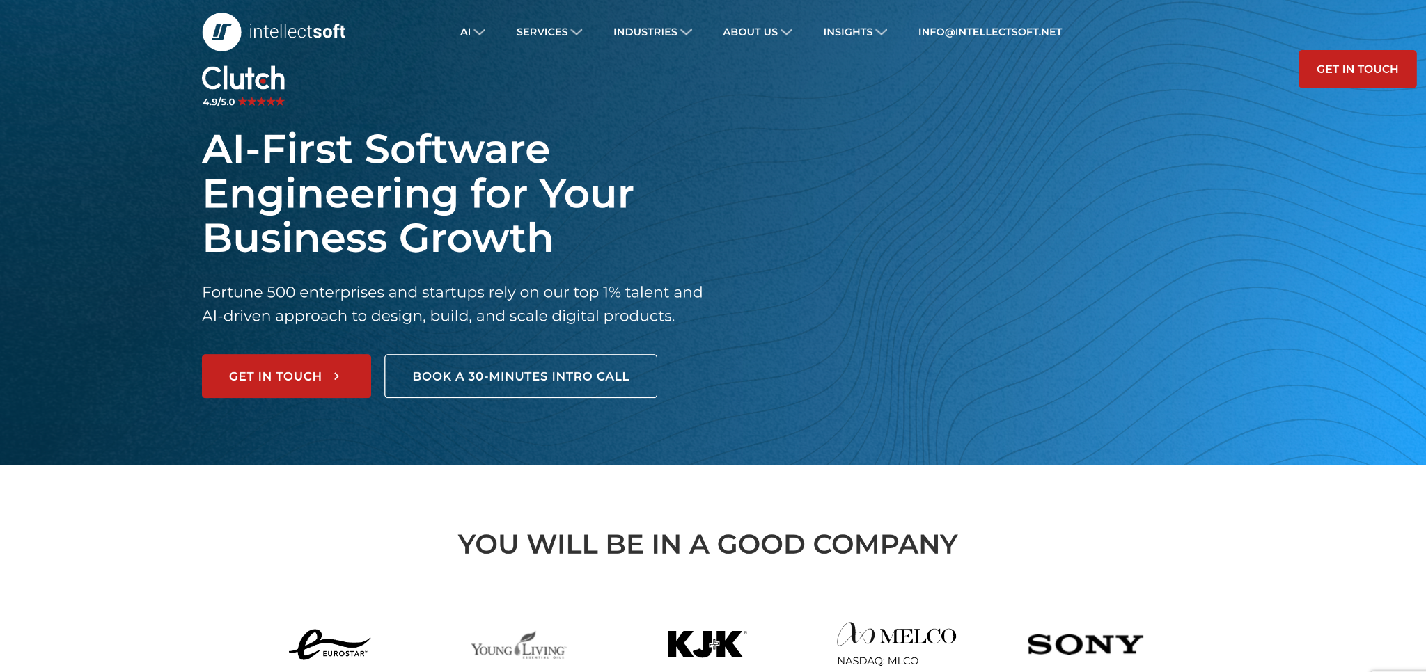 Intellectsoft homepage hero AI-First Software Engineering for Your Business Growth, with a 4.9 out of 5 Clutch rating and client logos