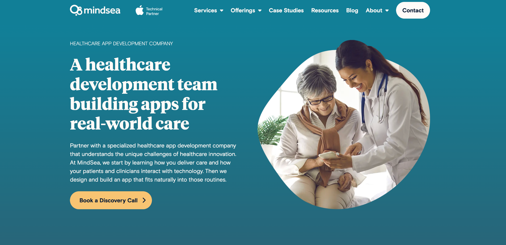 MindSea homepage: A healthcare development team building apps for real-world care, with a clinician showing a phone to a patient