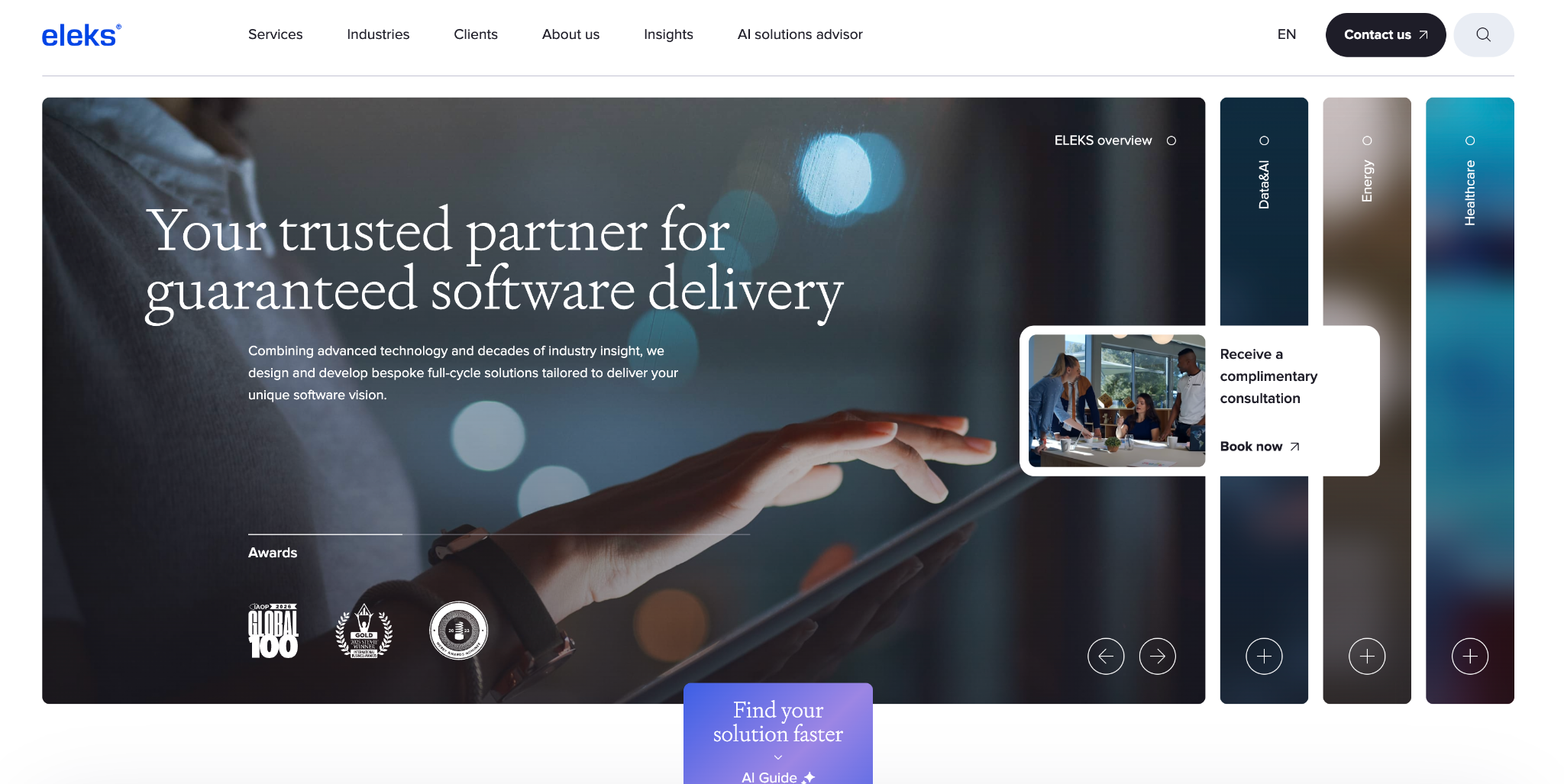 ELEKS website homepage with the headline "Your trusted partner for guaranteed software delivery" and a row of award badges.