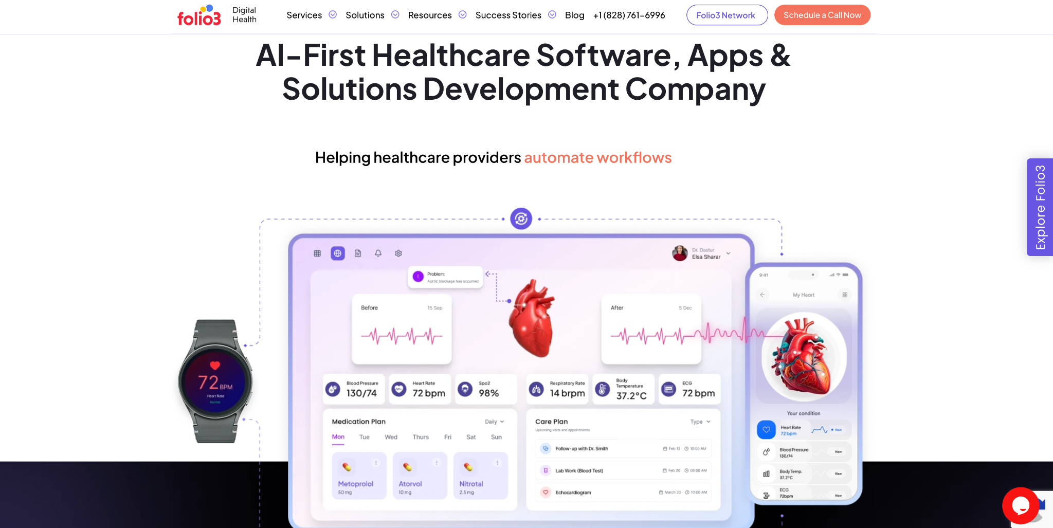 Folio3 Digital Health homepage: AI-First Healthcare Software, Apps & Solutions Development Company, with a patient vitals dashboard and smartwatch.