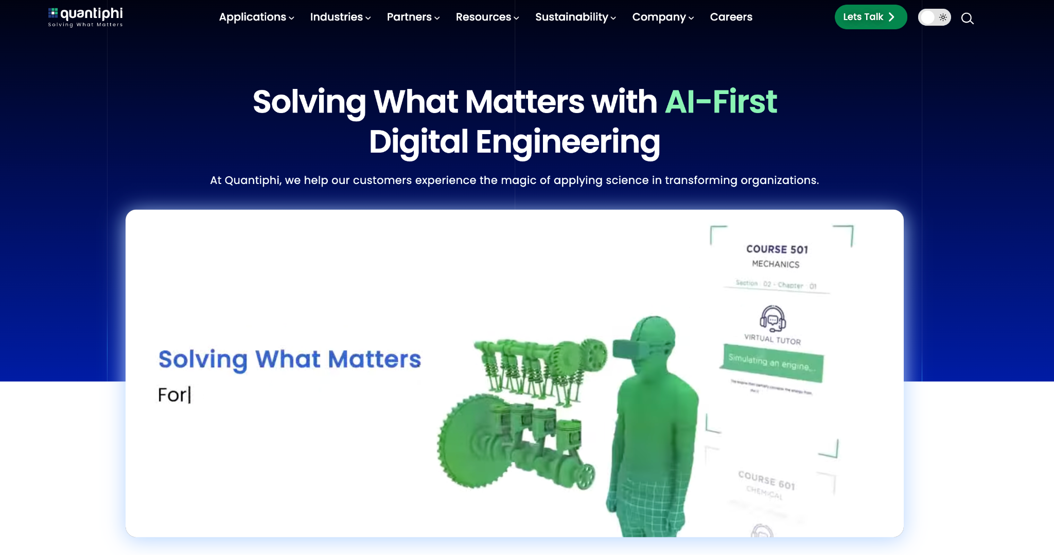 Quantiphi homepage: "Solving What Matters with AI-First Digital Engineering" above a demo of a 3D engine simulation with a virtual tutor.