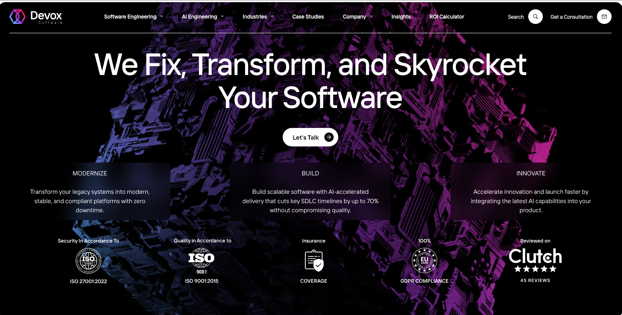 Devox Software homepage hero: "We Fix, Transform, and Skyrocket Your Software" with Modernize, Build and Innovate cards plus ISO, GDPR and Clutch badges.