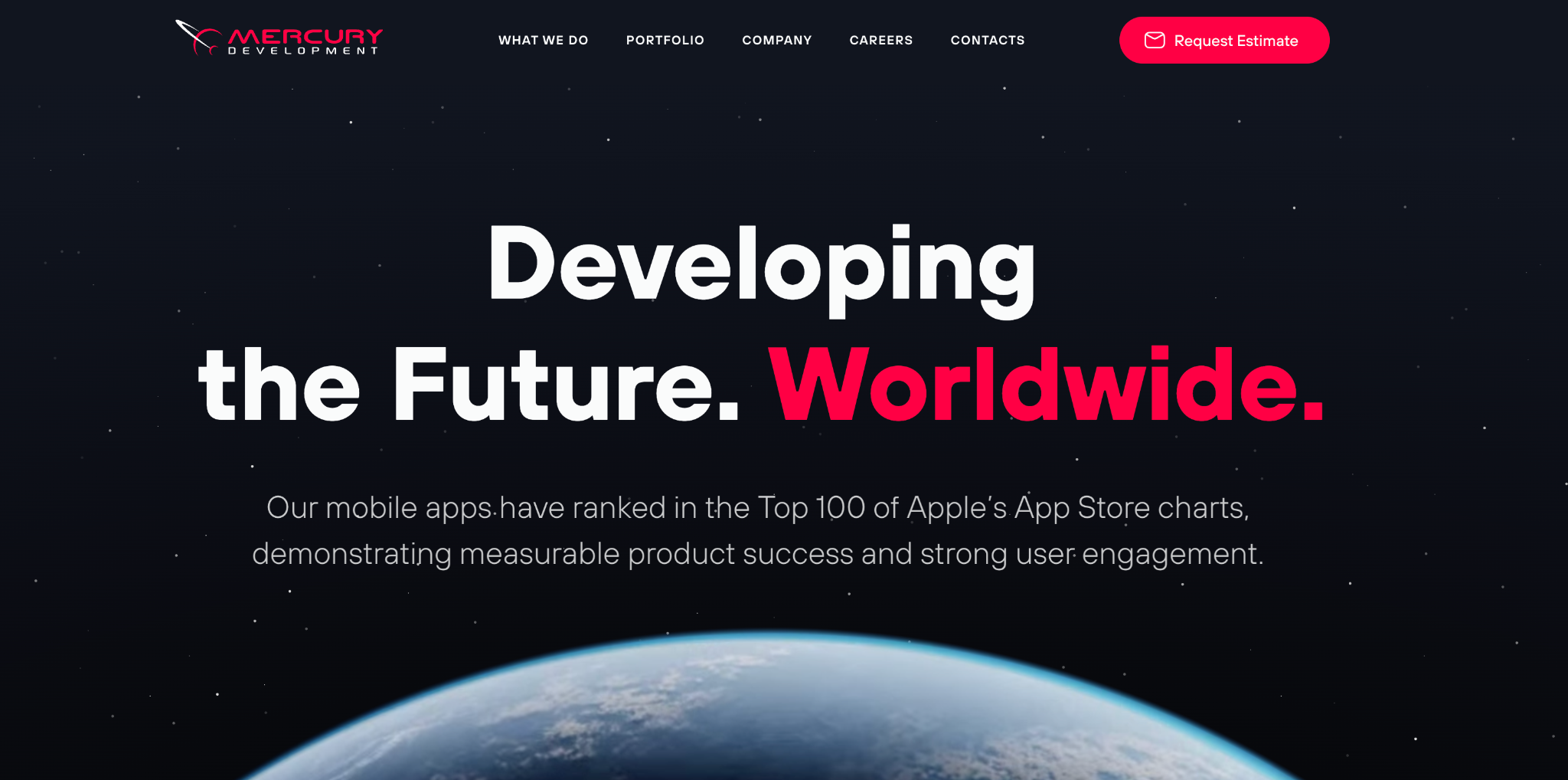 Mercury Development homepage hero reading Developing the Future. Worldwide., above a view of Earth from space