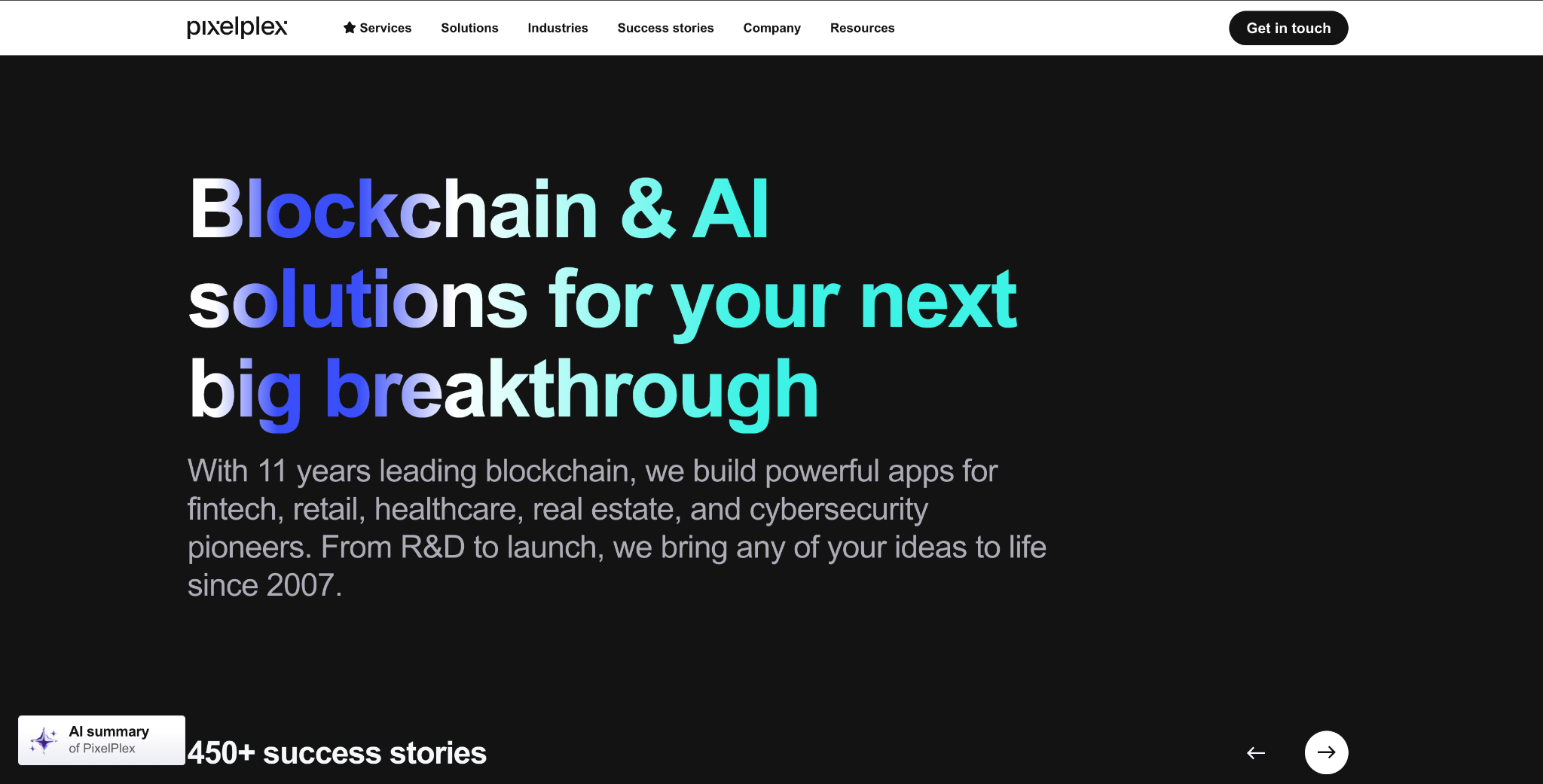 PixelPlex website hero reading "Blockchain & AI solutions for your next big breakthrough" on a black background, noting 450+ success stories.