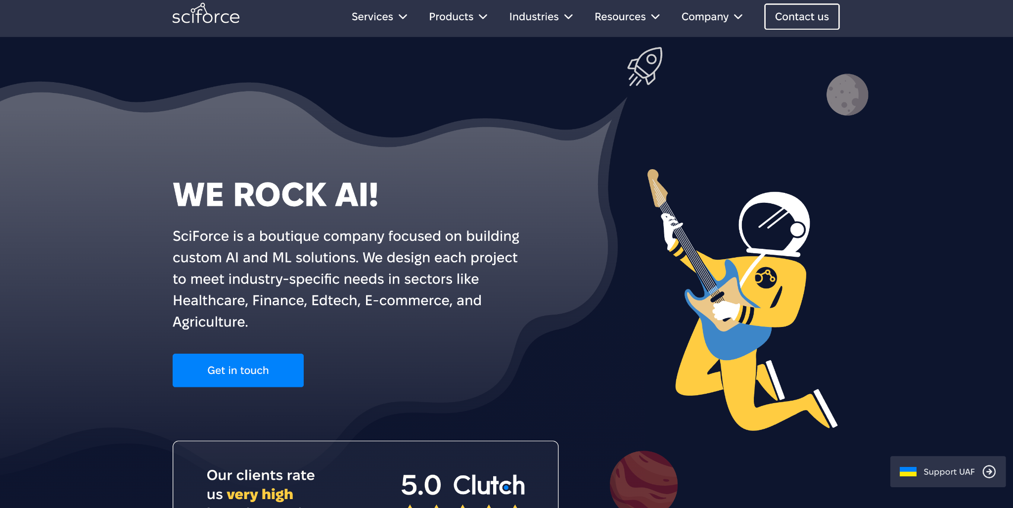 Sciforce website homepage with the "WE ROCK AI!" headline, an astronaut illustration and a 5.0 Clutch client rating.