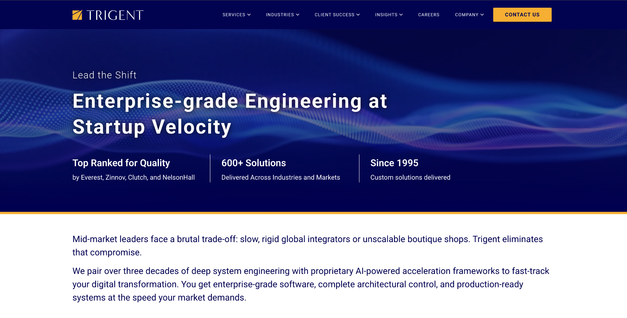 Trigent homepage hero: "Enterprise-grade Engineering at Startup Velocity" with quality ranking, 600+ solutions delivered and "Since 1995" highlights.