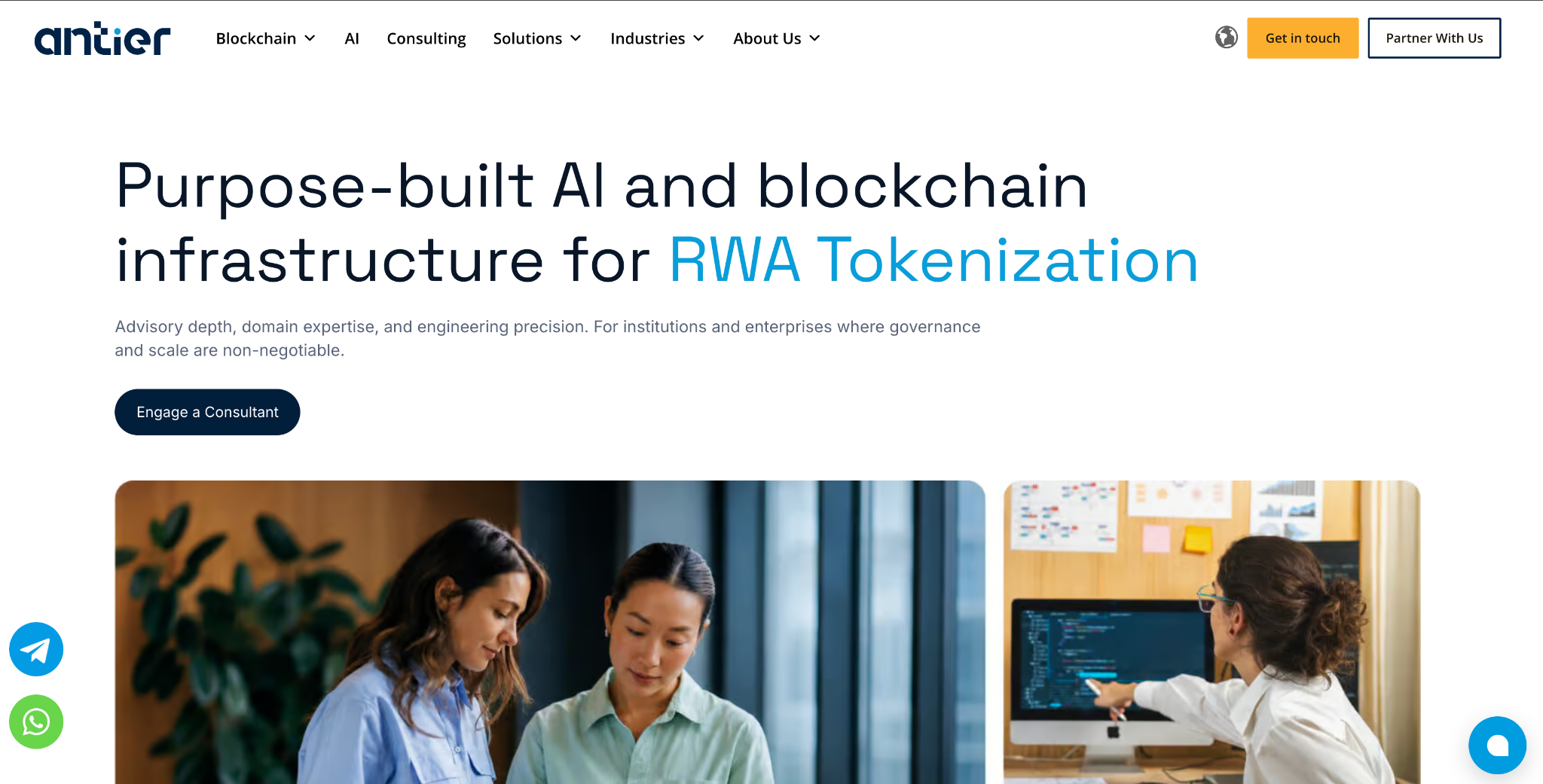 Antier homepage hero: "Purpose-built AI and blockchain infrastructure for RWA Tokenization" above photos of colleagues working together.
