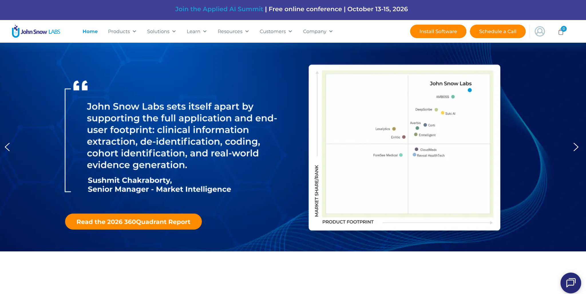 John Snow Labs homepage showing a 360Quadrant chart that places the company highest for market share and product footprint in healthcare NLP.