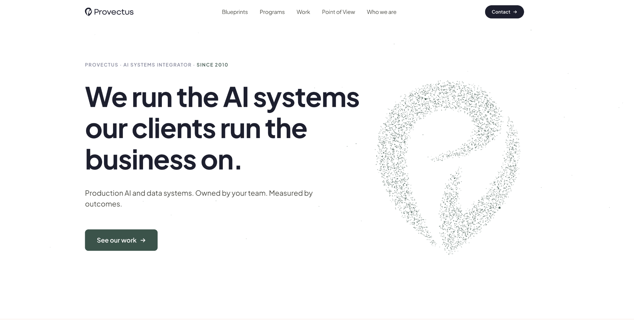 Provectus homepage: "We run the AI systems our clients run the business on", with a dotted logo mark and a See our work button.