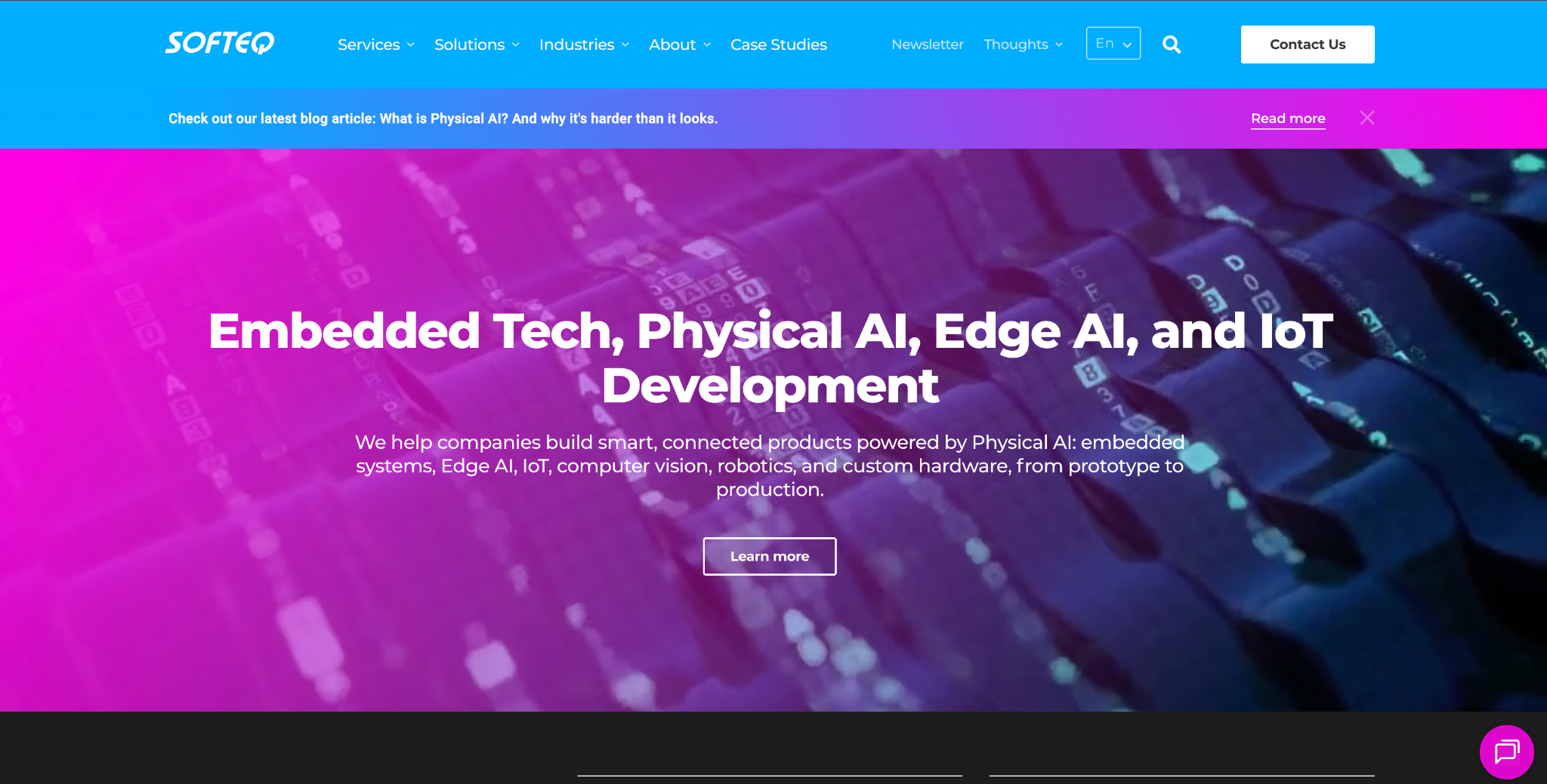 Softeq homepage hero: "Embedded Tech, Physical AI, Edge AI, and IoT Development" over a circuit-board background with a Learn more button.