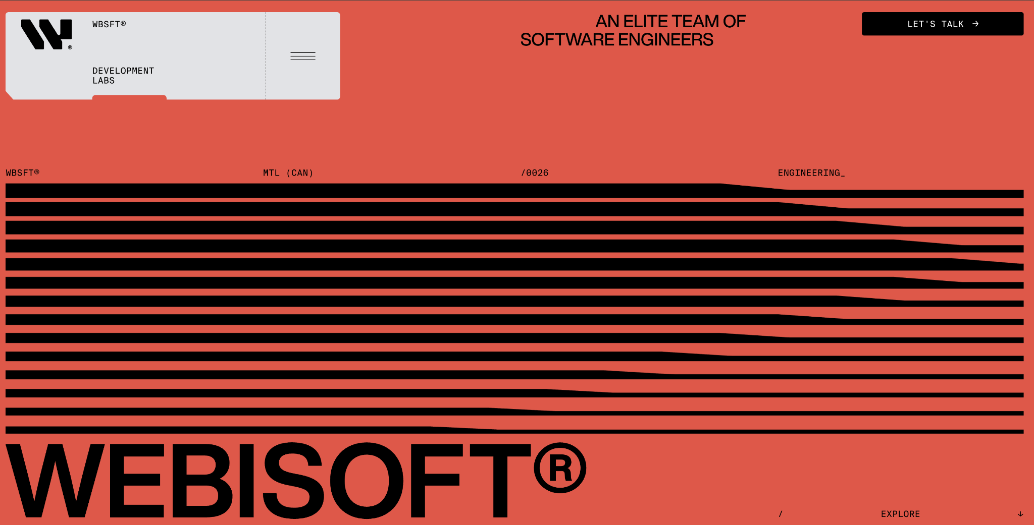 Webisoft homepage in bold black-on-red type, labelled "An elite team of software engineers" with the WBSFT development labs logo.