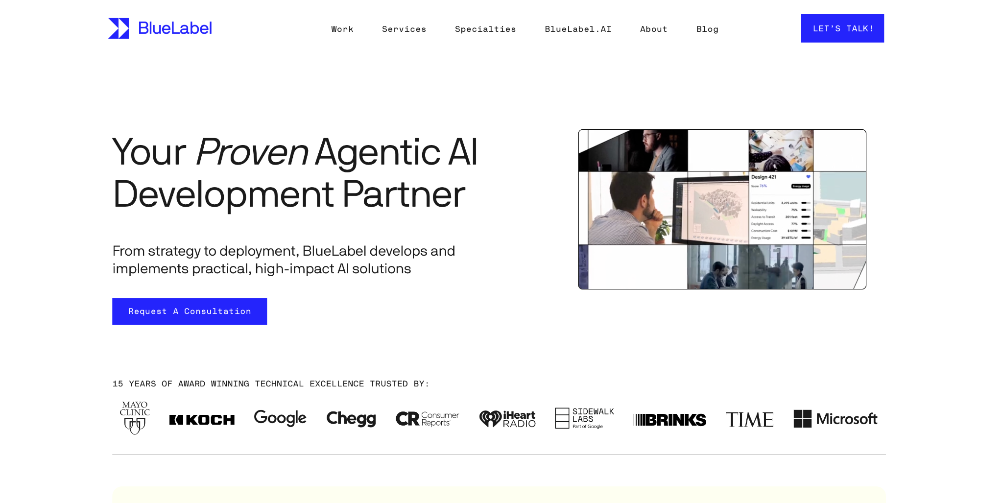BlueLabel website homepage, "Your Proven Agentic AI Development Partner", with client logos including Google, Microsoft and Mayo Clinic.