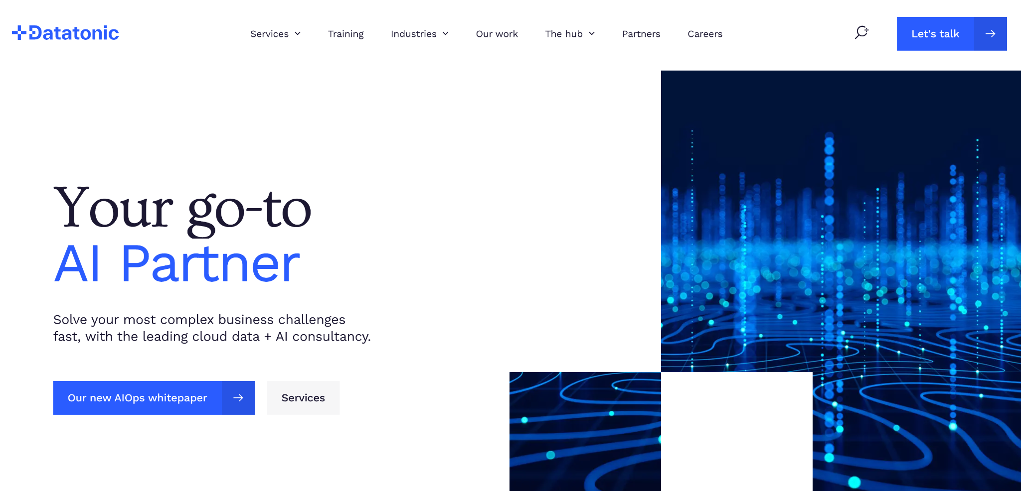 Datatonic homepage: "Your go-to AI Partner" with links to its AIOps whitepaper and services, beside blue data-wave graphics.