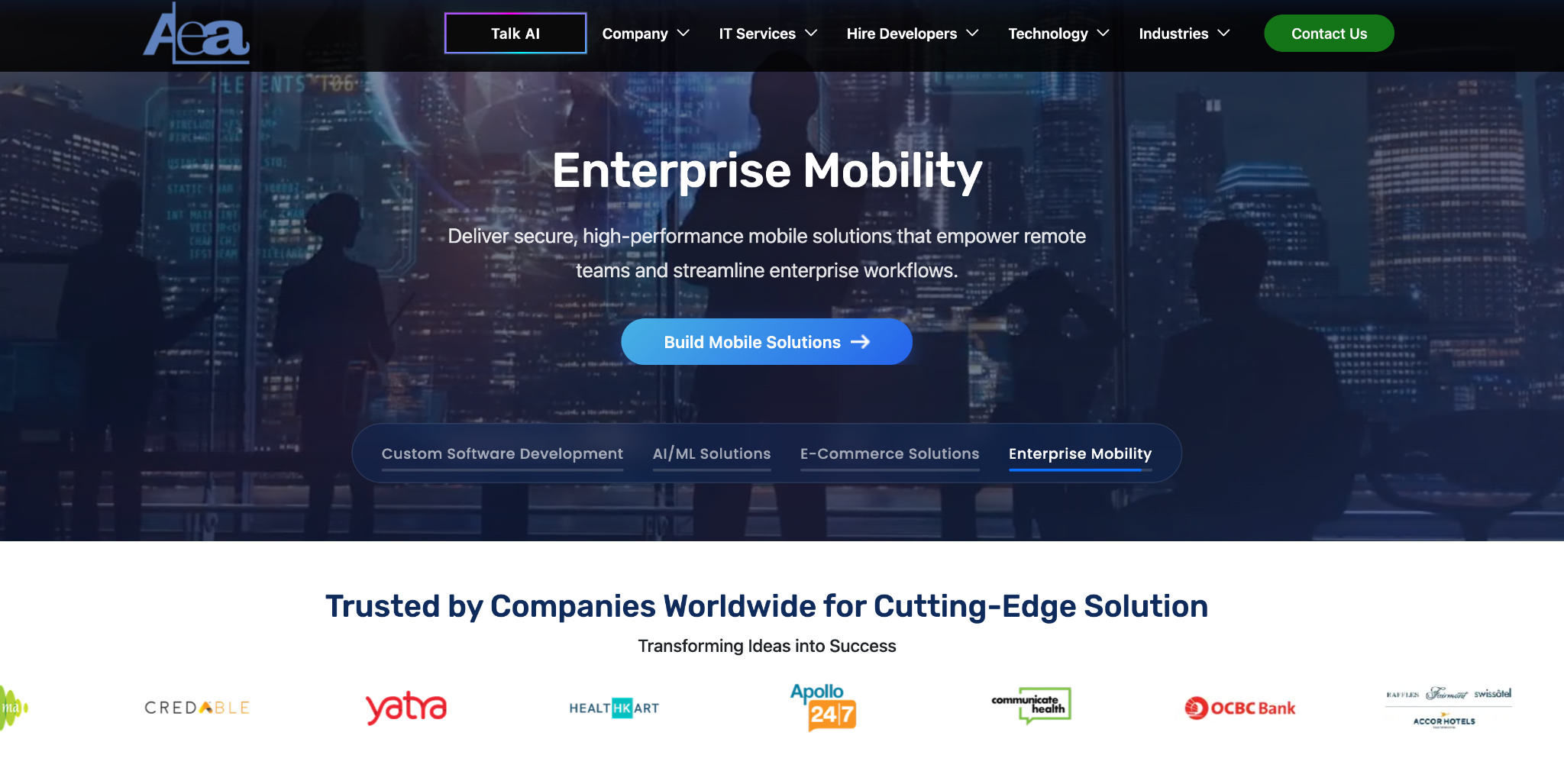 AleaIT Solutions website Enterprise Mobility page with a Build Mobile Solutions button and a row of client logos below the hero
