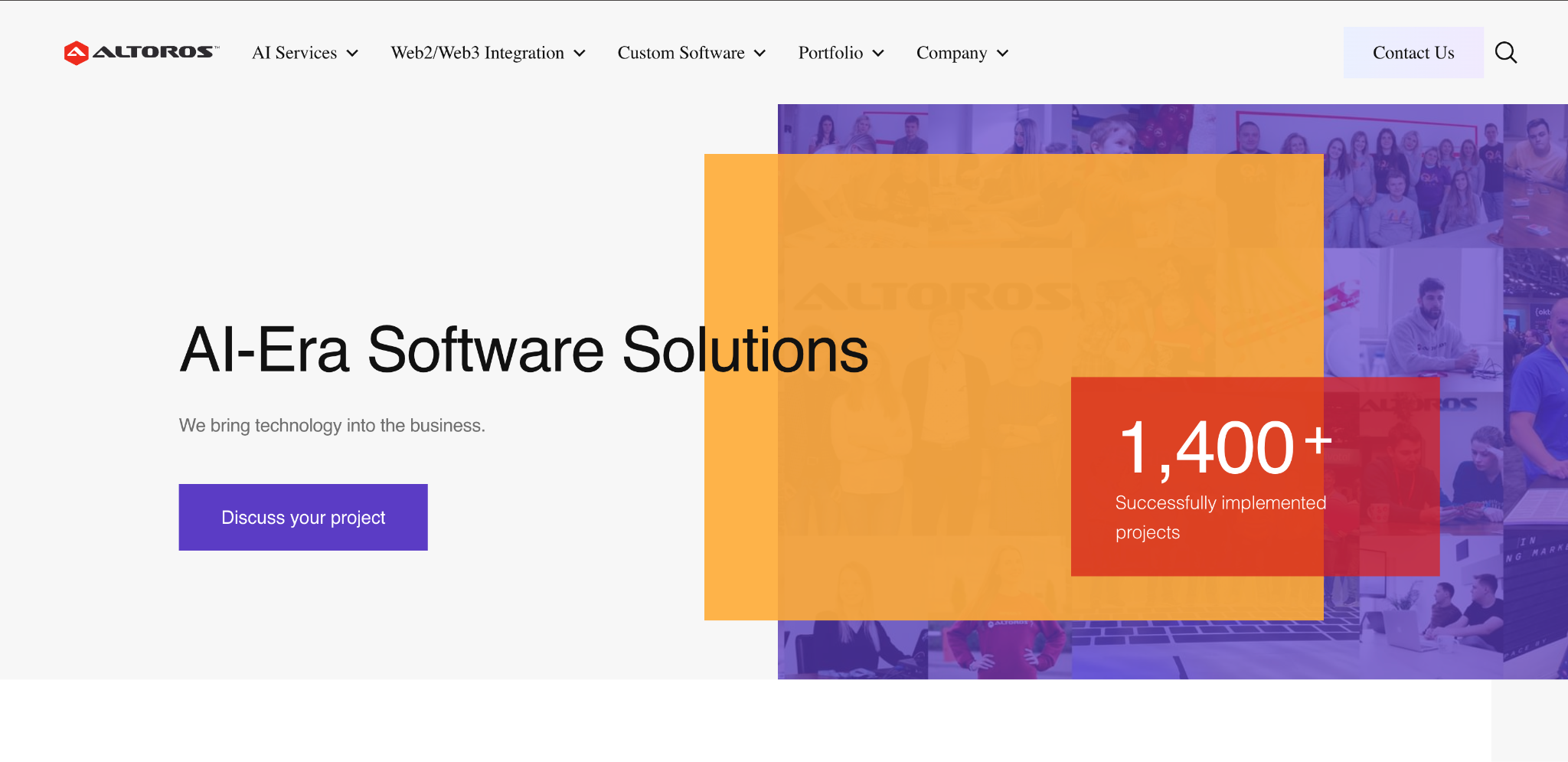 Altoros homepage hero "AI-Era Software Solutions" with orange and red blocks over team photos and a 1,400+ implemented projects counter.