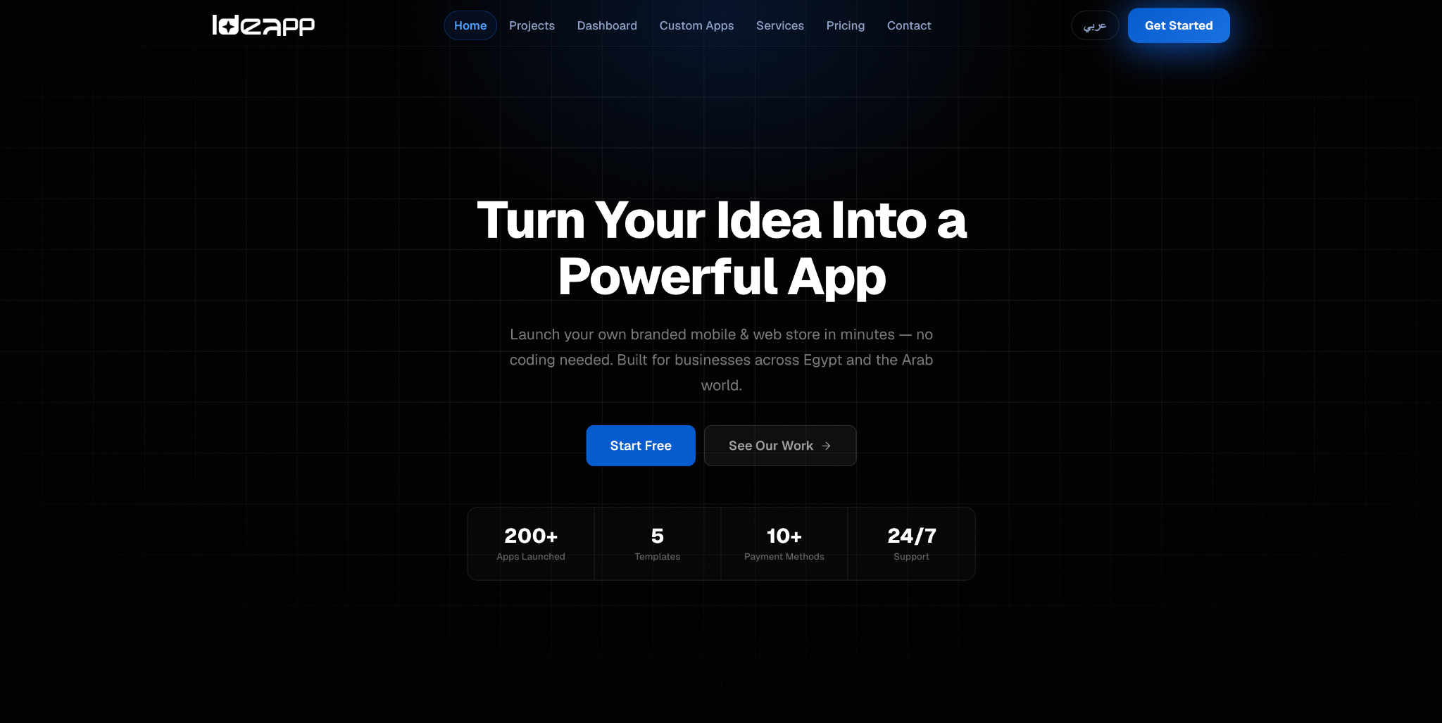 Idea2App website homepage: "Turn Your Idea Into a Powerful App", listing 200+ apps launched, 5 templates and 24/7 support.