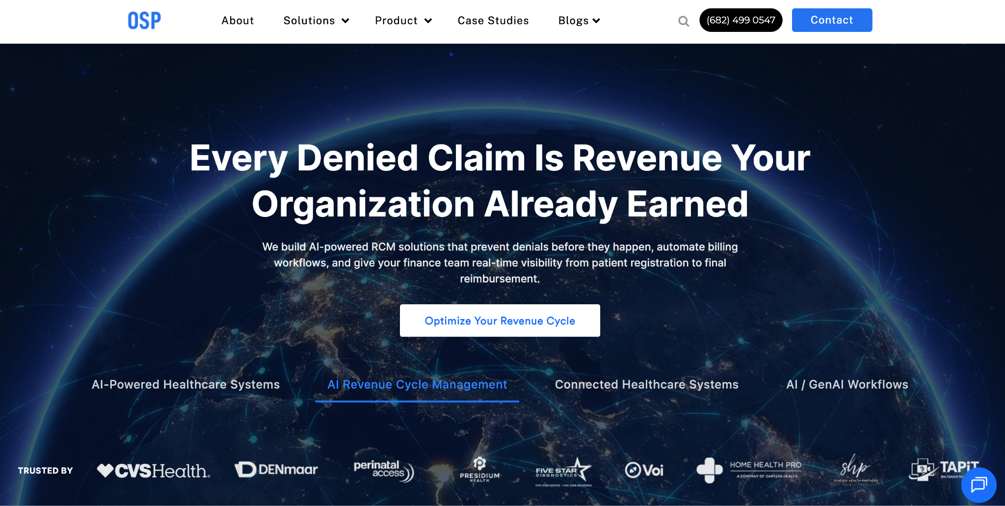 OSP Labs homepage: 'Every Denied Claim Is Revenue Your Organization Already Earned', promoting AI revenue cycle management, with client logos.