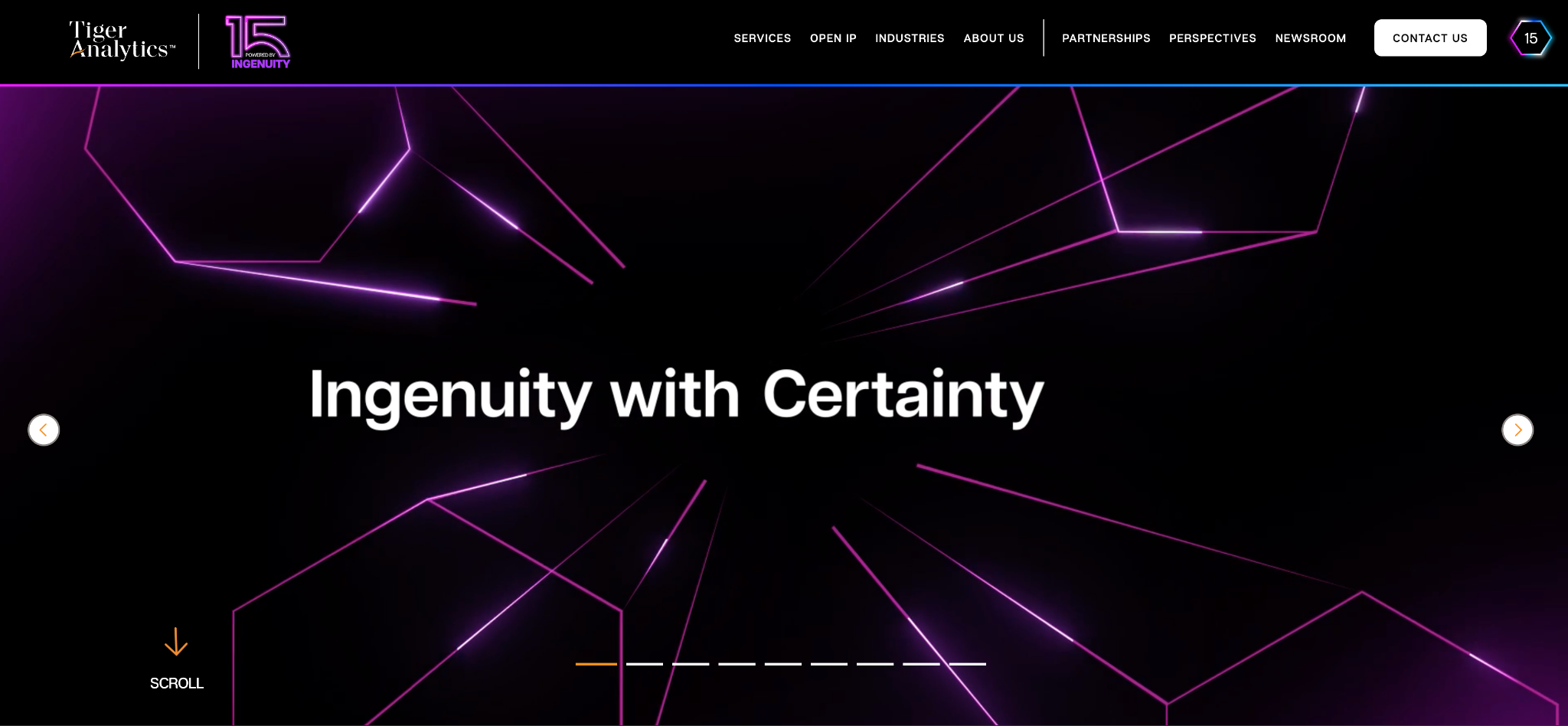 Tiger Analytics homepage slider reading "Ingenuity with Certainty" over a dark background of magenta geometric light lines.