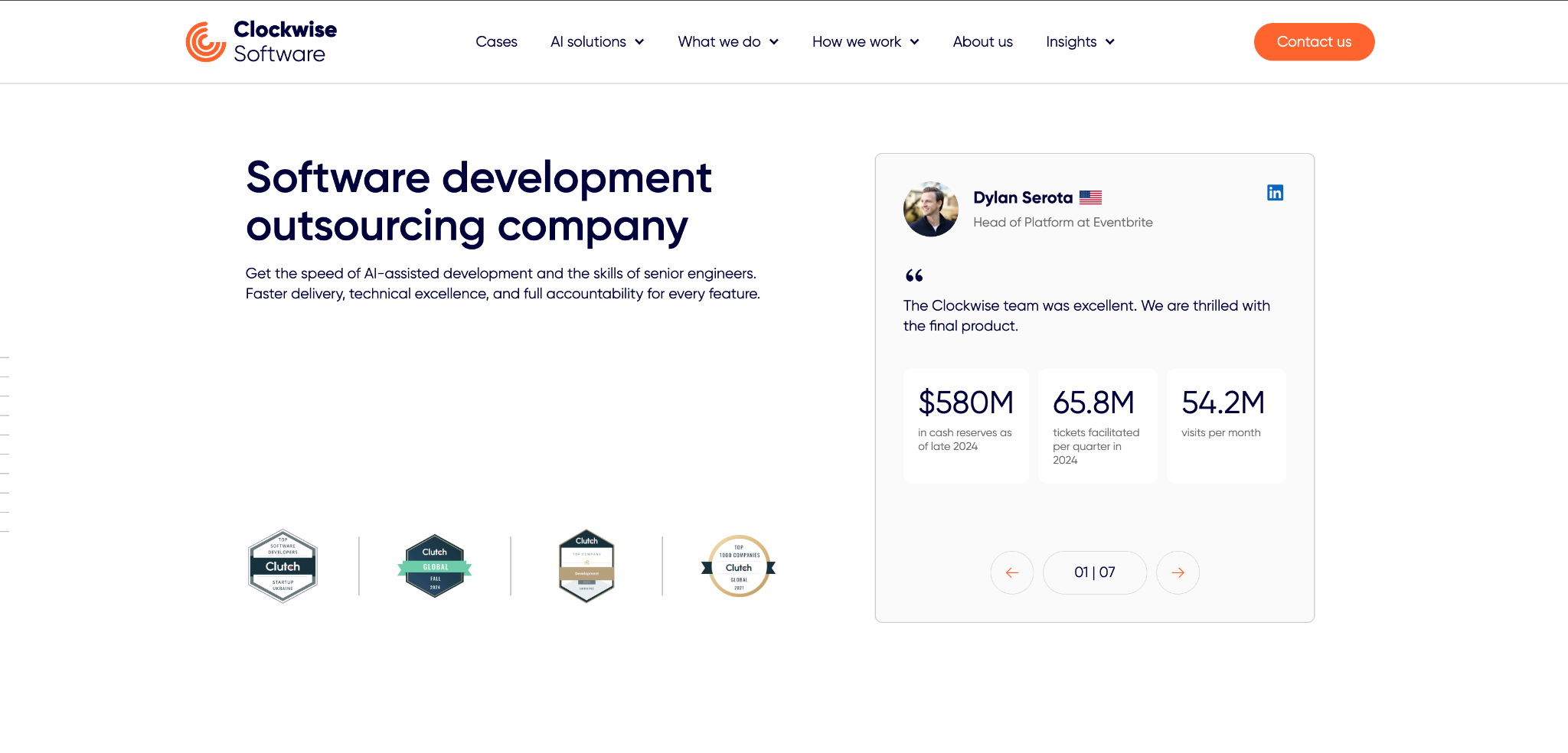 Clockwise Software homepage: "Software development outsourcing company" beside an Eventbrite client testimonial with $580M, 65.8M and 54.2M metrics.