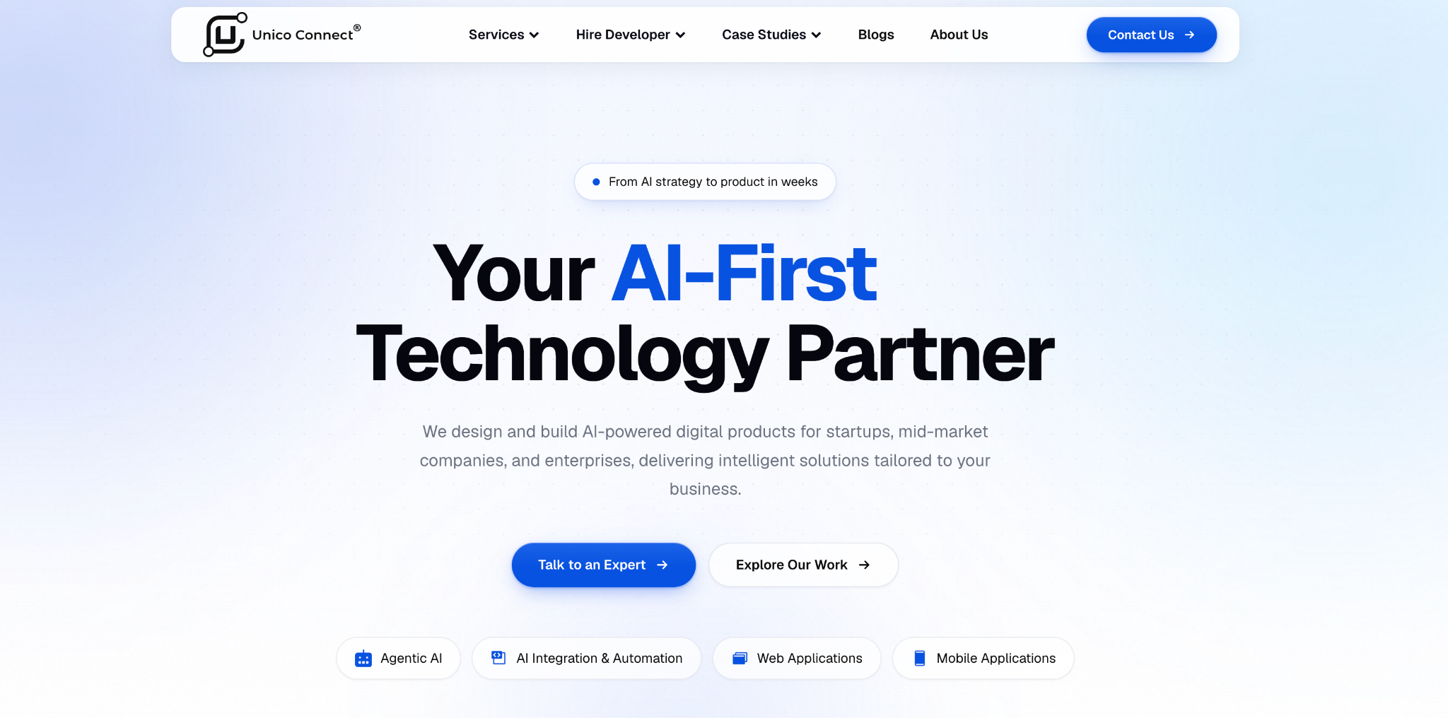 Unico Connect homepage hero: Your AI-First Technology Partner, with tags for Agentic AI, AI integration, web and mobile apps