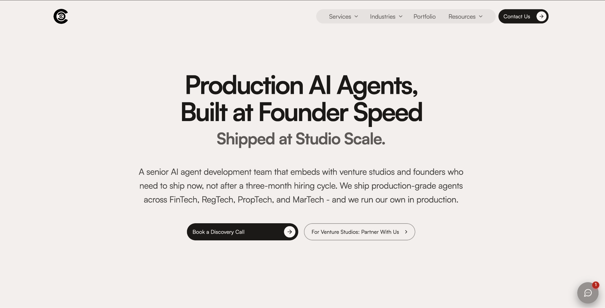 Development studio homepage headlined "Production AI Agents, Built at Founder Speed — Shipped at Studio Scale" with Book a Discovery Call button.