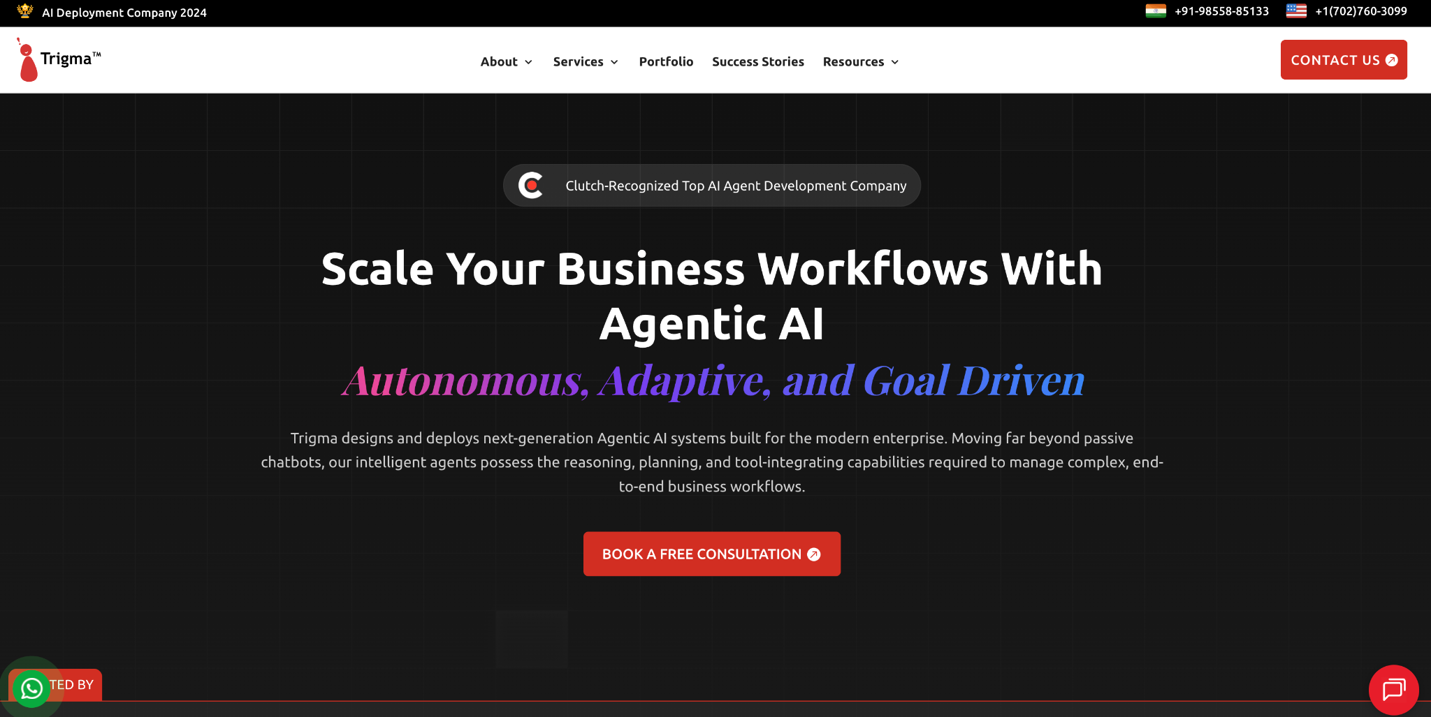 Trigma website homepage, "Scale Your Business Workflows With Agentic AI", badged as a Clutch-recognized top AI agent development company.