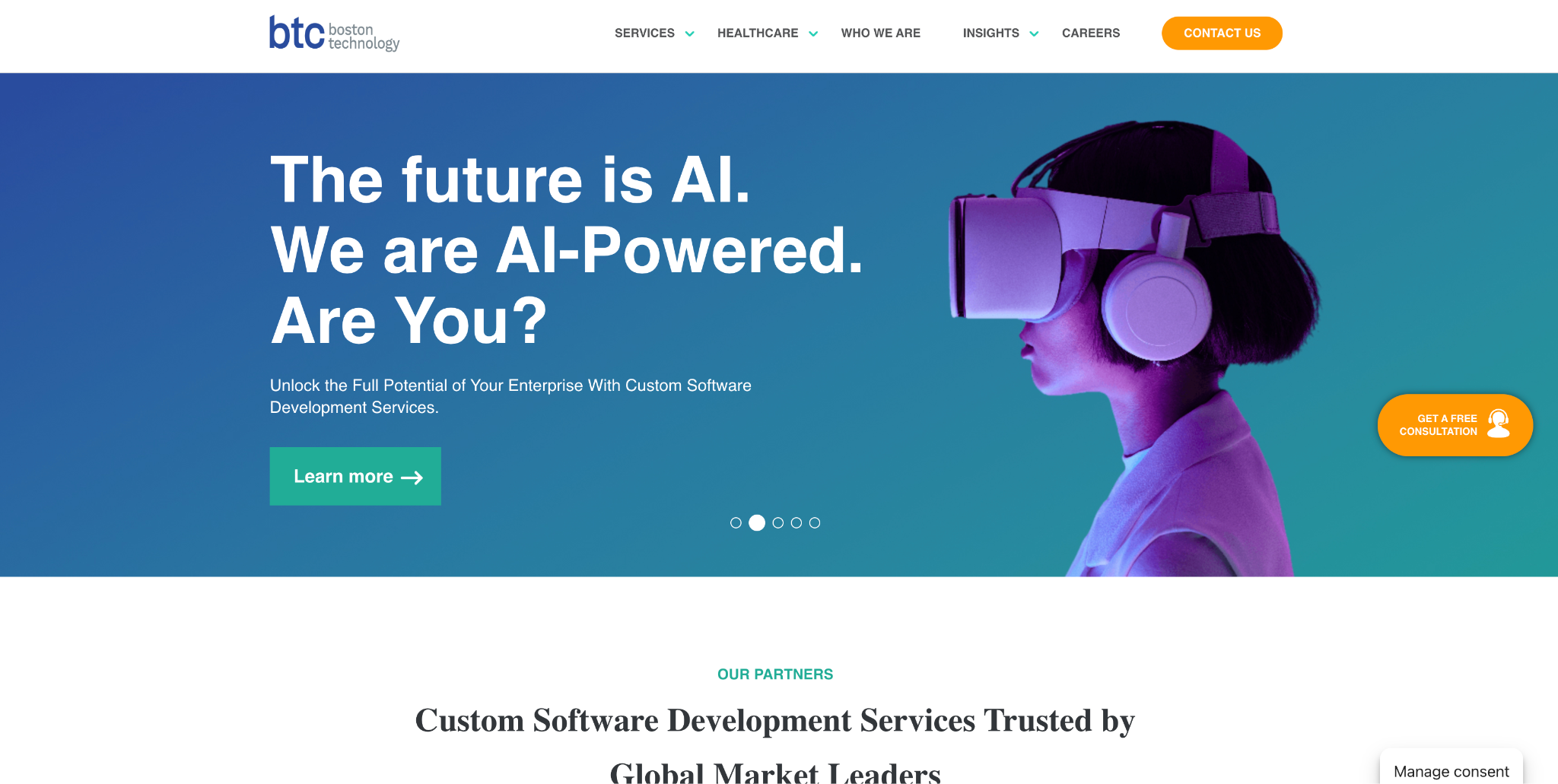 Boston Technology Corporation homepage slide: 'The future is AI. We are AI-Powered. Are You?' beside a person wearing a VR headset.