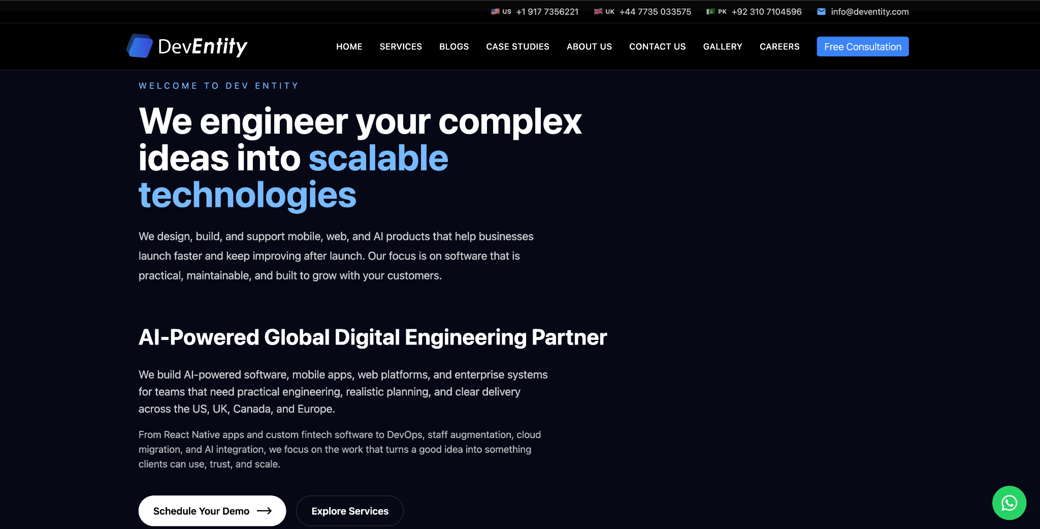 DevEntity homepage: "We engineer your complex ideas into scalable technologies" and an AI-Powered Global Digital Engineering Partner section.