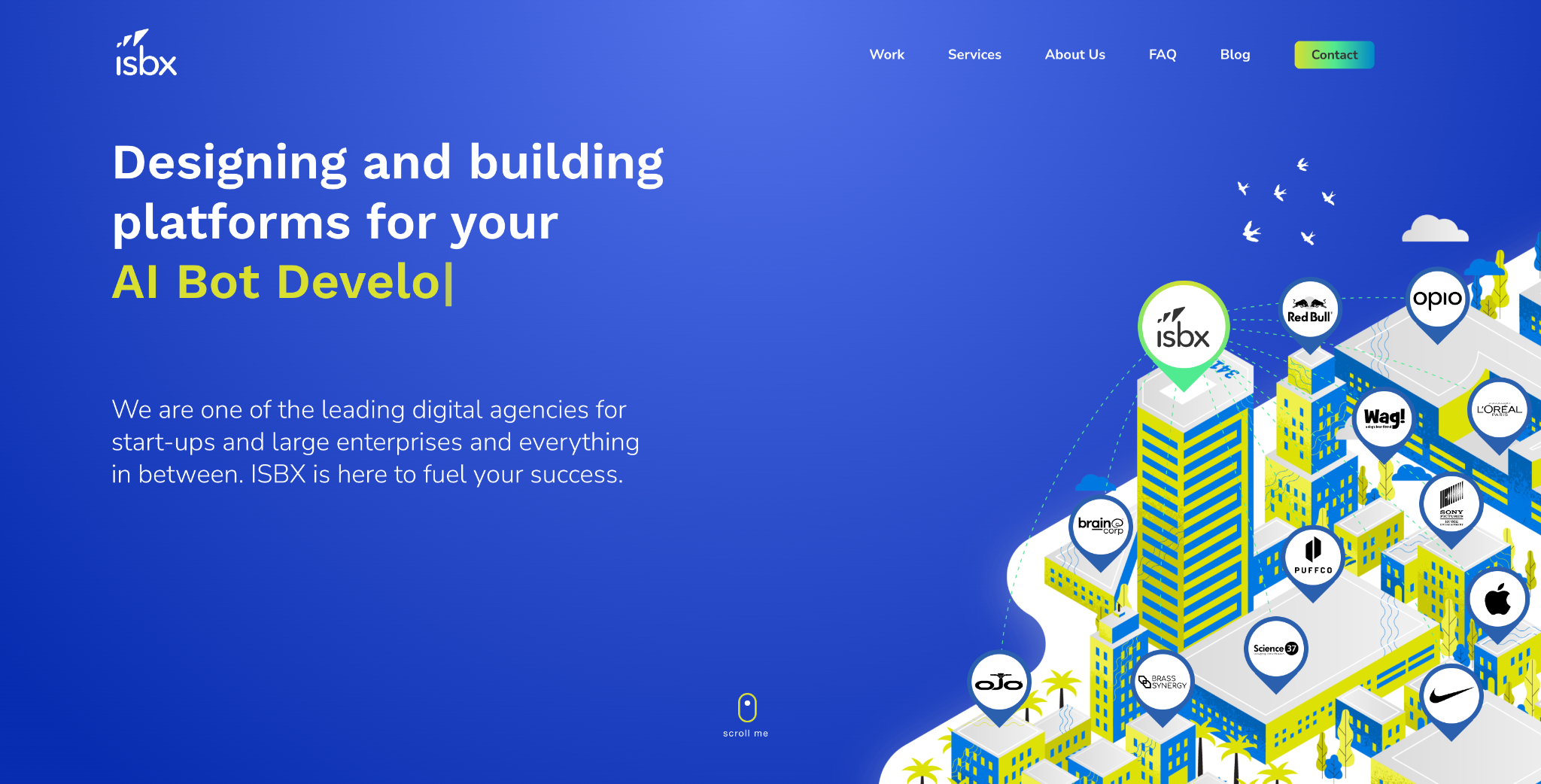 ISBX homepage hero Designing and building platforms for your AI Bot Development, with an isometric city of client logos
