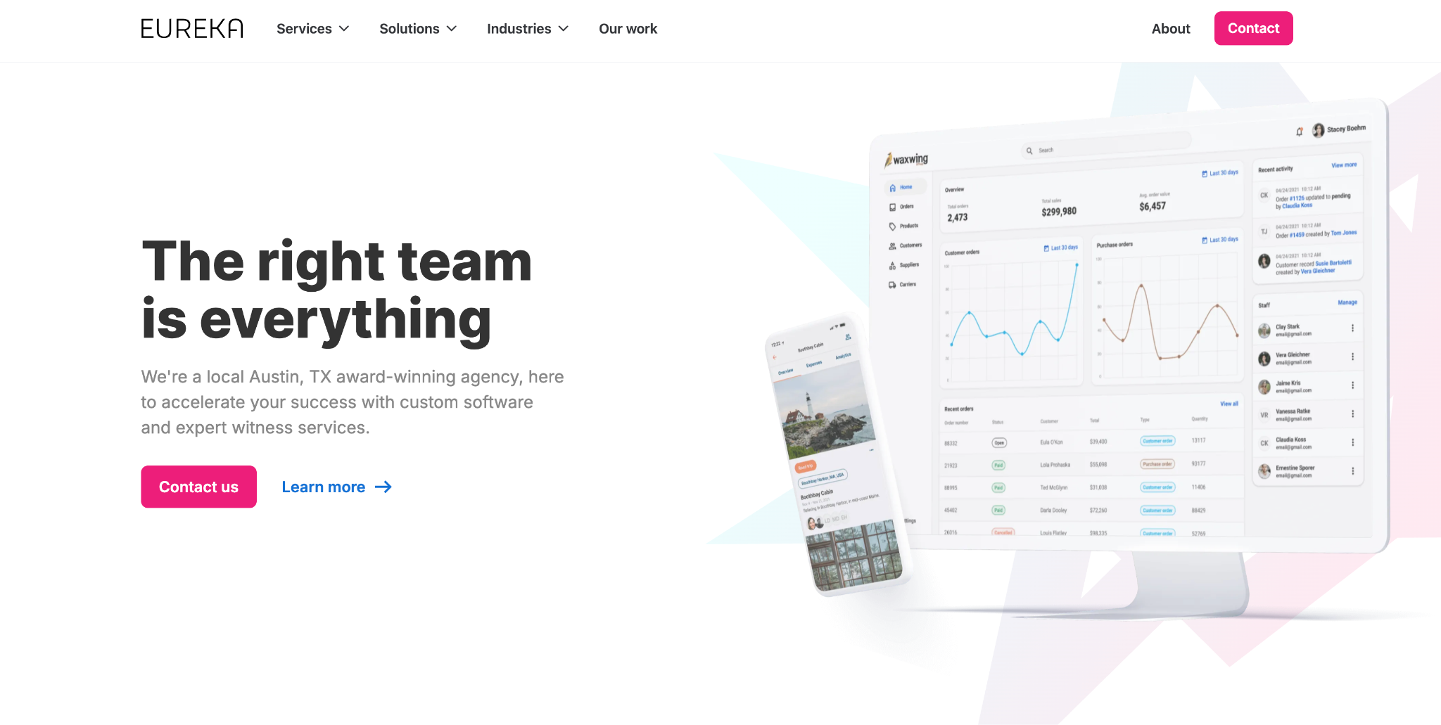 Eureka Software homepage: 'The right team is everything' from the Austin, TX agency, beside a desktop and mobile order-management dashboard mockup.