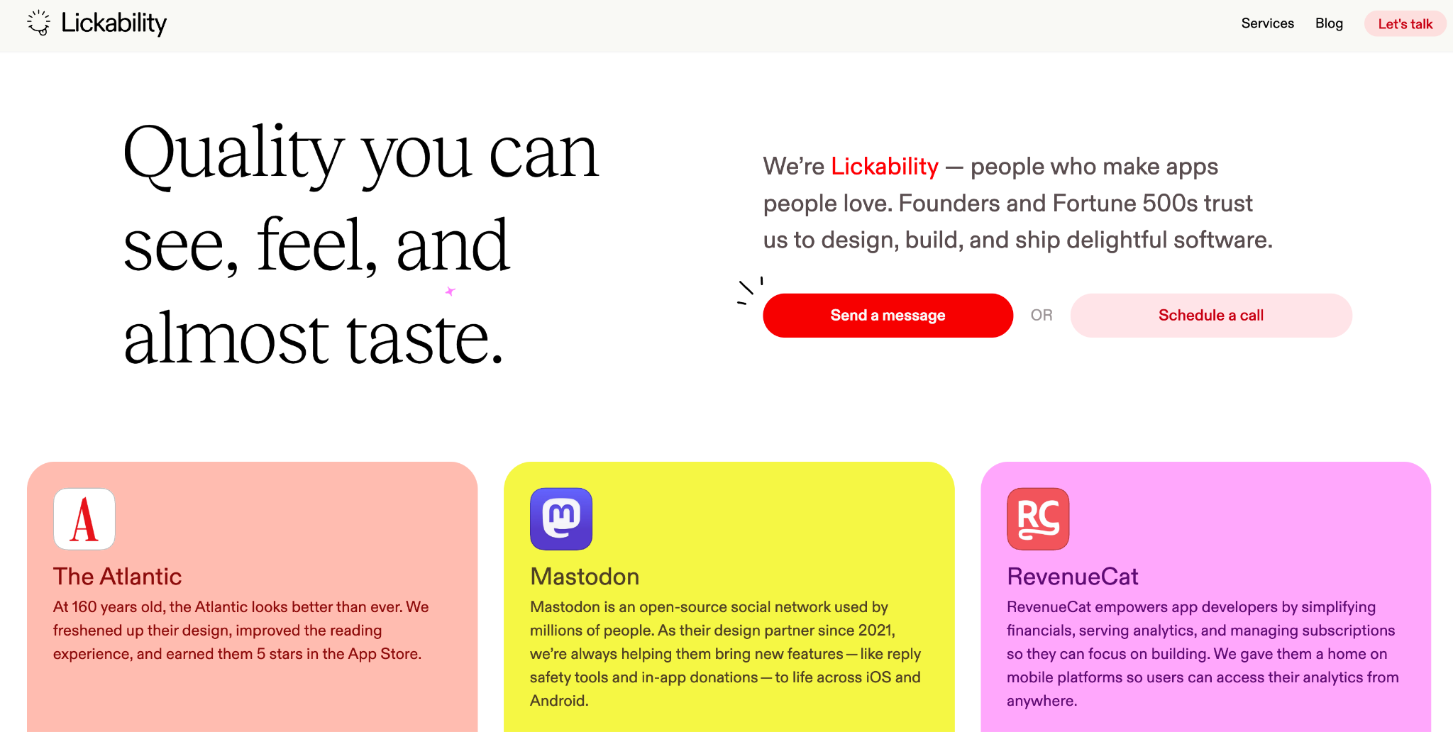 Lickability homepage: Quality you can see, feel, and almost taste., with case-study cards for The Atlantic, Mastodon and RevenueCat