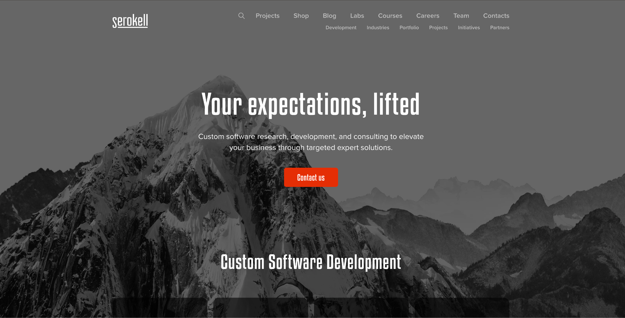 Serokell homepage hero "Your expectations, lifted" over a grayscale mountain photo, promoting custom software research and development.