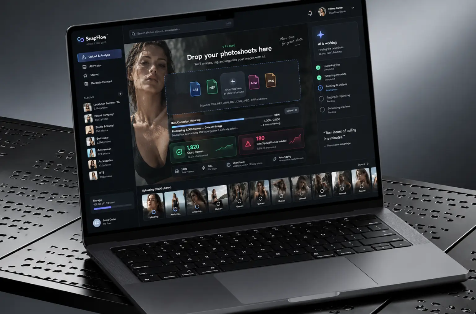 Drag-and-drop upload screen processing 2,000 frames with sharp and soft frame counts updating live