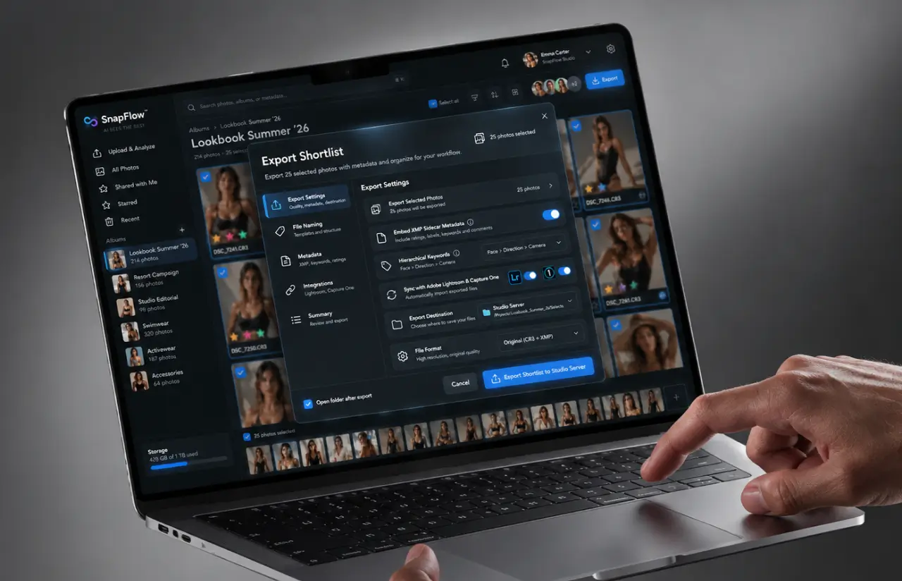 Export dialog writing XMP sidecar metadata and hierarchical keywords, with Lightroom and Capture One sync