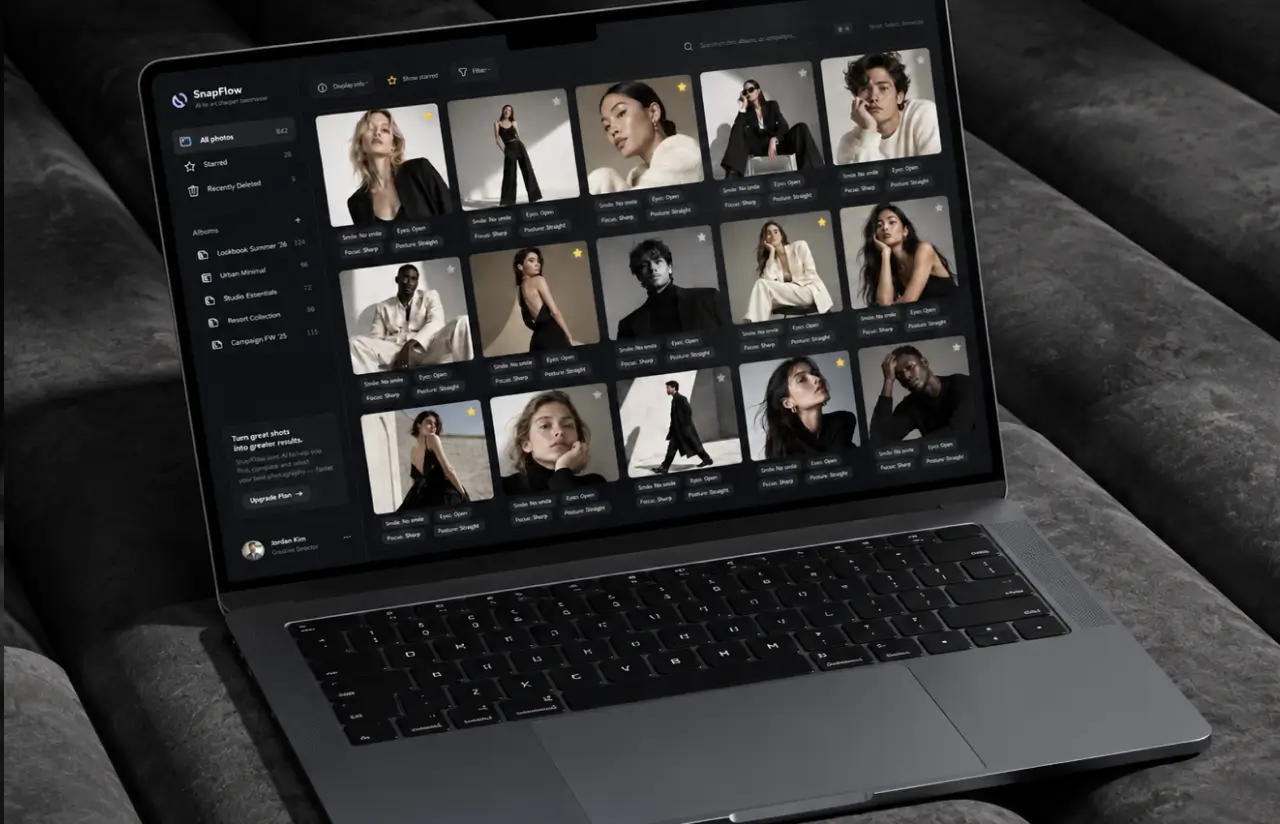 Album view of a shoot day with starred frames and tag labels under every thumbnail