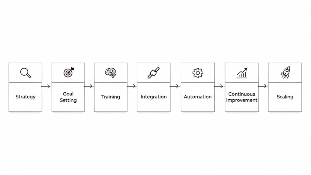 Seven-step flow diagram of the AI agent development process: Strategy, Goal Setting, Training, Integration, Automation, Continuous Improvement and Scaling, connected left to right by arrows.