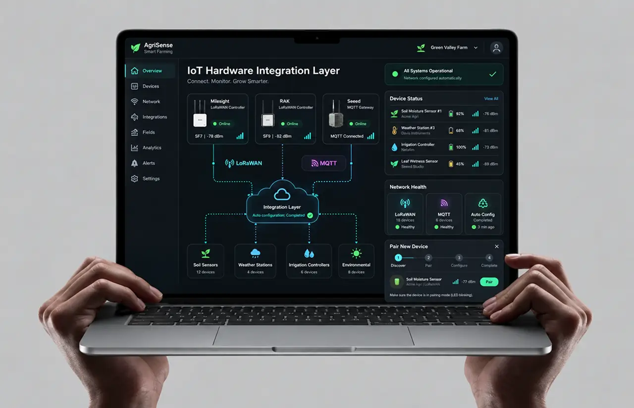 Laptop held in two hands showing an IoT hardware integration screen: controllers and gateways from several vendors, their LoRaWAN and MQTT links to the integration layer, device status and network health