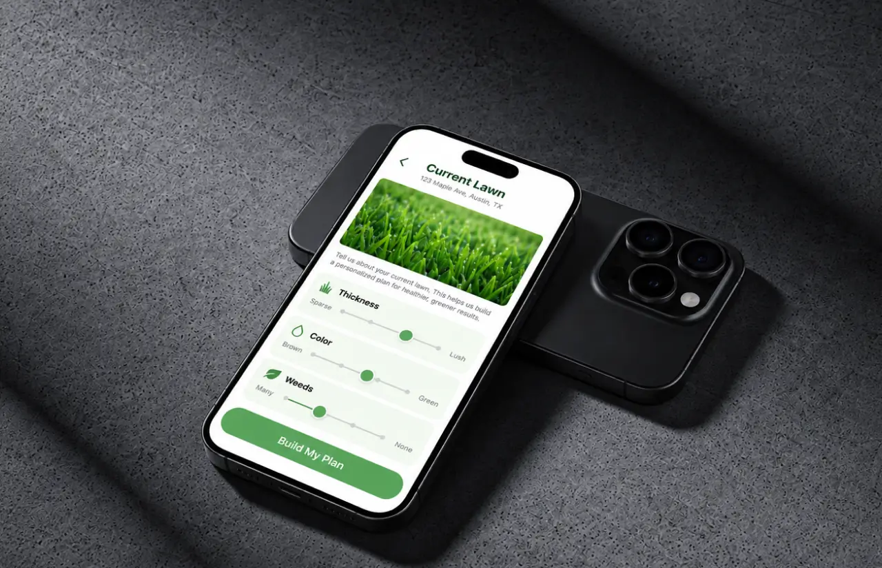 Phone screen with a photo of the lawn and three sliders — thickness, colour and weeds — above a Build My Plan button