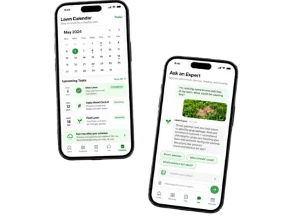 Two phone screens side by side: a monthly lawn calendar with upcoming mowing, weed control and feeding tasks, and an expert chat answering a question about brown patches