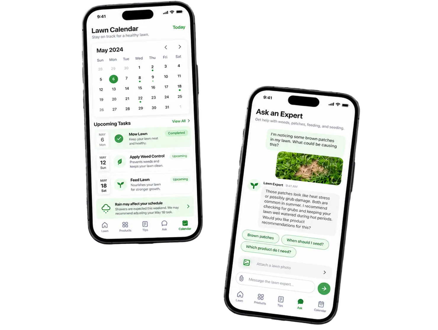 Two phone screens side by side: a monthly lawn calendar with upcoming mowing, weed control and feeding tasks, and an expert chat answering a question about brown patches