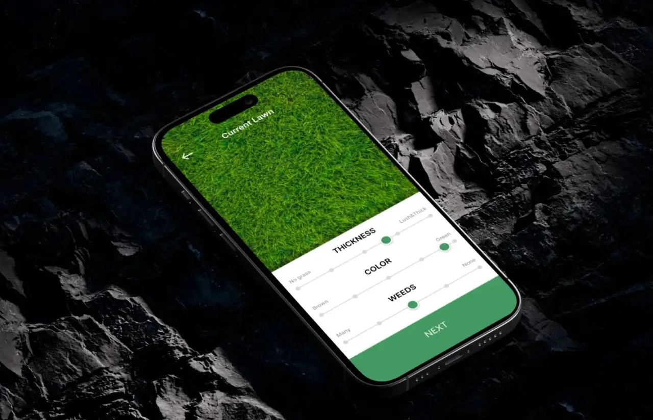 Phone showing the current lawn screen with a photo of grass and three sliders for thickness, colour and weeds above a Next button