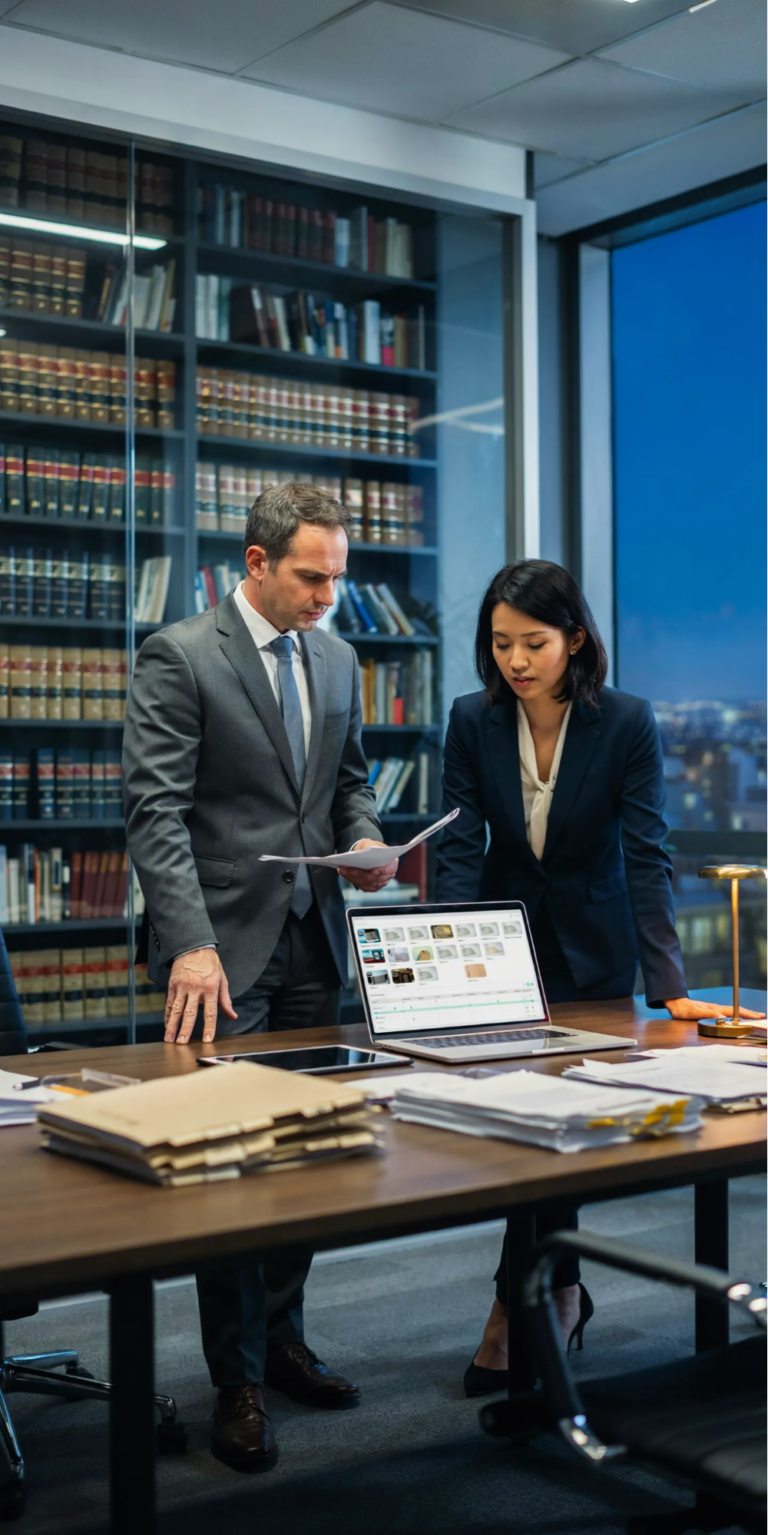 Two lawyers at a conference table in a law library reviewing printed case documents beside an open laptop showing a grid of scanned files, with stacked case folders and papers on the table.
