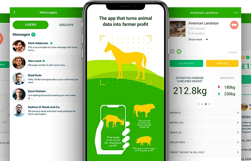 Three app screens for livestock management: a message list between farmers and buyers, a promo screen about turning animal data into profit, and an animal record with estimated carcass weight