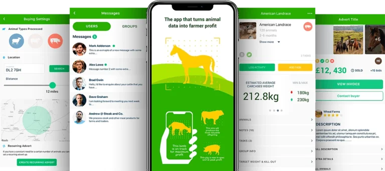 Five Livestock Farm Management App screens: buying settings with animal types and a location radius, a messages list, the app's brand screen with a yellow horse, an American Landrace animal card with an estimated average carcass weight, and a sale advert with bids.