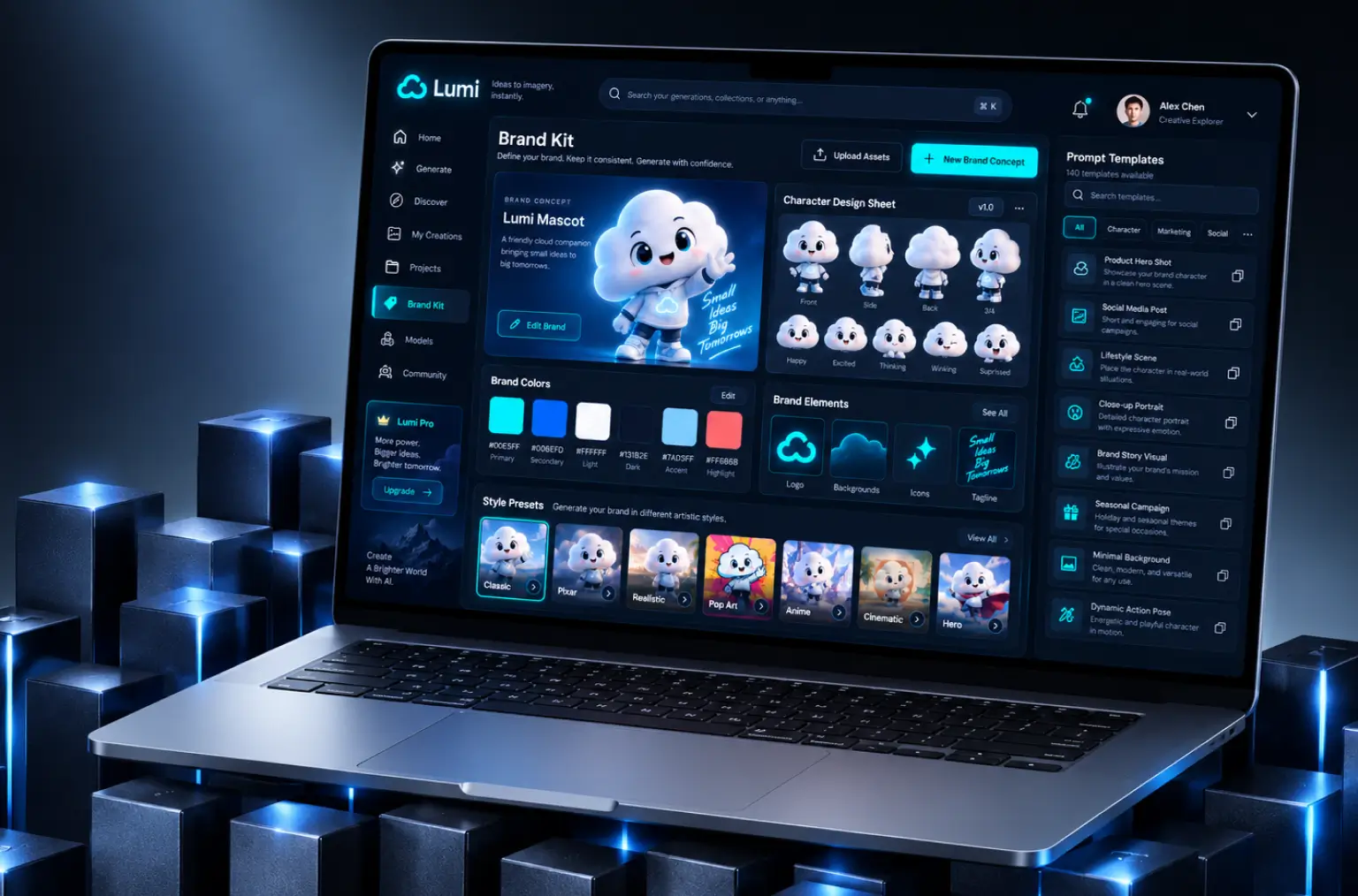 Laptop showing the Lumi brand kit: the mascot brand concept with a character design sheet of poses and expressions, brand colours with hex values, brand elements, style presets from classic to hero, and a panel of 140 prompt templates