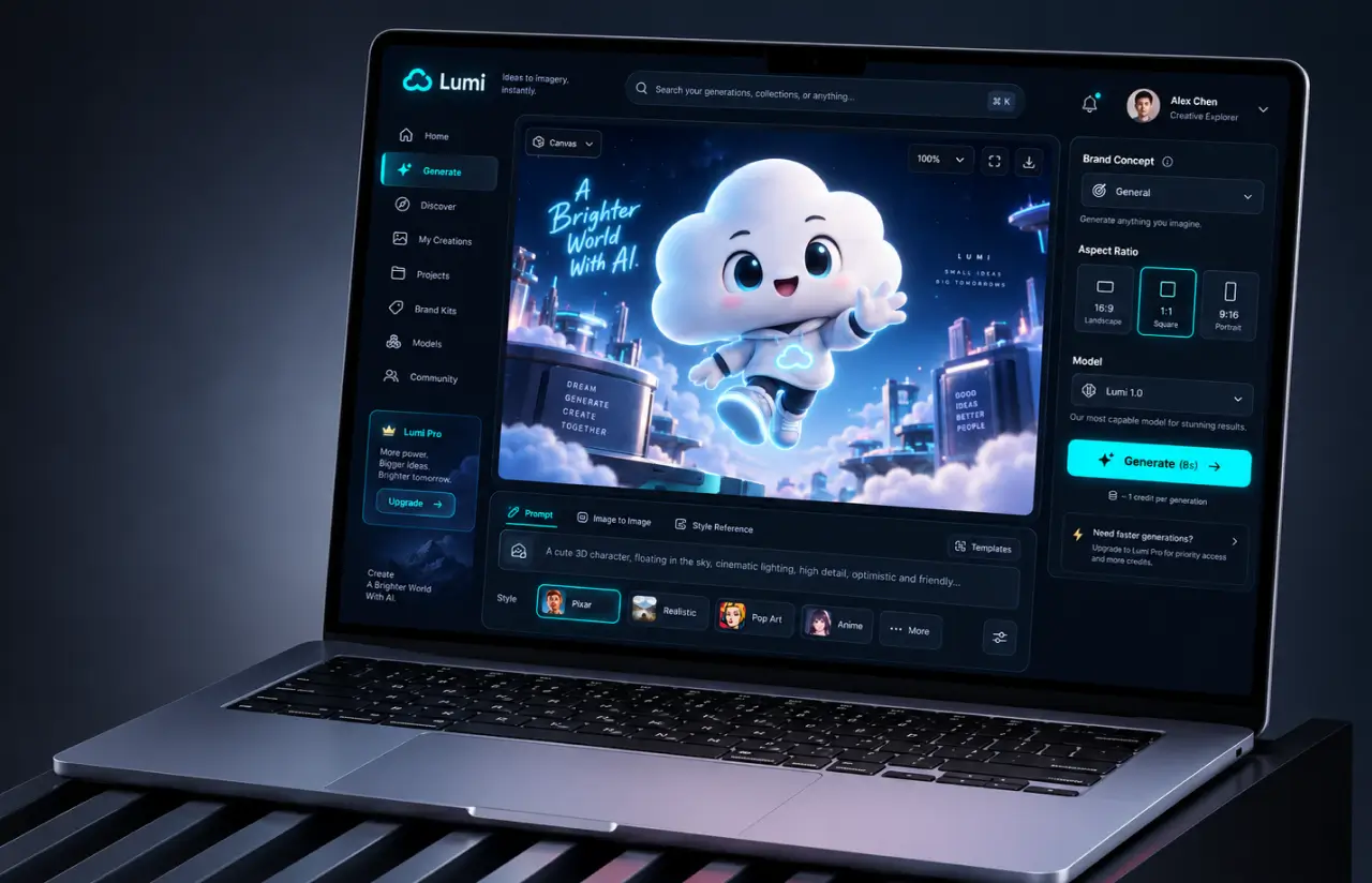 Laptop showing the Lumi canvas: a generated cloud character over a city skyline, a prompt field with tabs for prompt, image to image and style reference, style presets, and a right panel with brand concept, aspect ratio options and the model selector