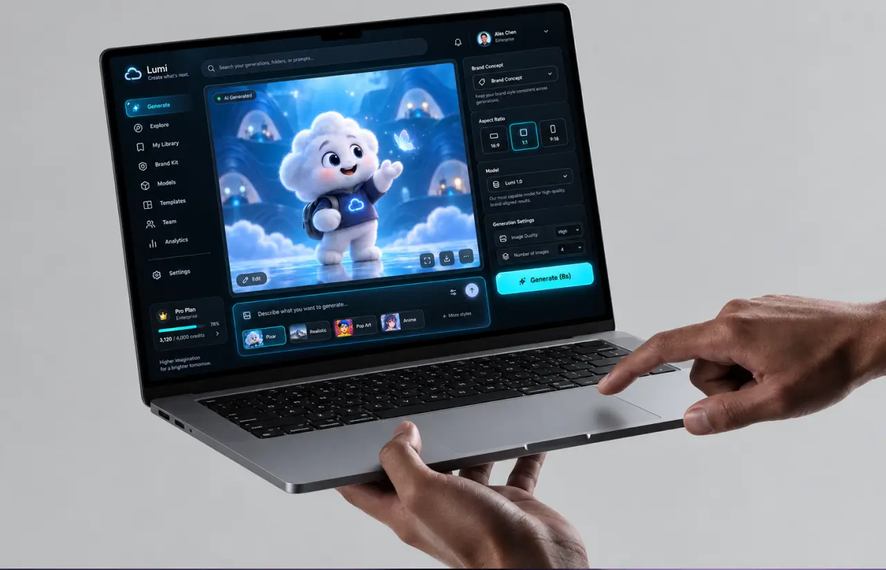 Hands holding a laptop showing the Lumi generate screen: a generated cloud mascot image, a prompt field with style options for Pixar, realistic, pop art and anime, and a settings panel with brand concept, aspect ratio, model and a Generate button quoting 8 seconds