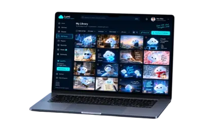 Laptop showing the Lumi library: sixteen AI-generated campaign visuals of a cloud mascot in different scenes and styles, each with a selection checkbox, above filters for campaigns, date and aspect ratio and a download-all action at 2048 px