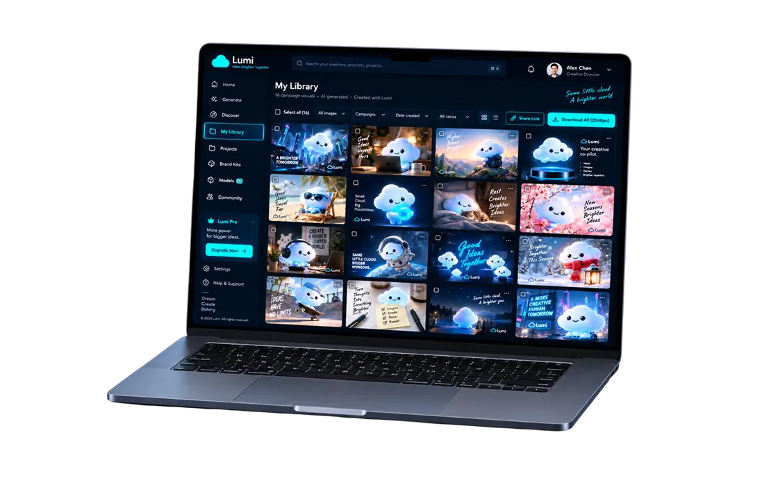 Laptop showing the Lumi library: sixteen AI-generated campaign visuals of a cloud mascot in different scenes and styles, each with a selection checkbox, above filters for campaigns, date and aspect ratio and a download-all action at 2048 px