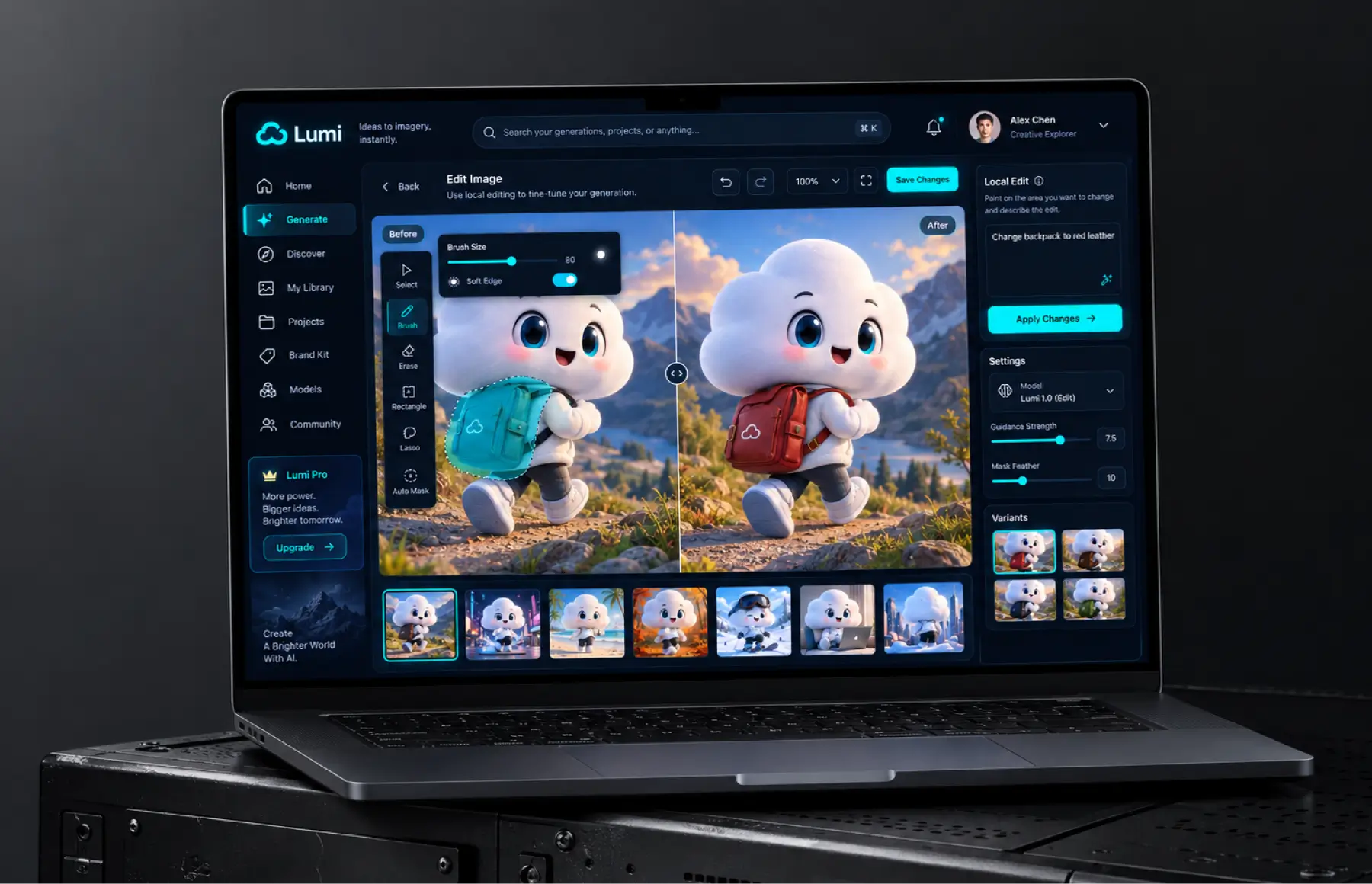 Laptop showing the Lumi edit screen: a before and after split of the cloud mascot, with the backpack repainted from teal to red, brush and mask tools on the left, a local-edit prompt reading change backpack to red leather, and guidance strength and mask feather settings